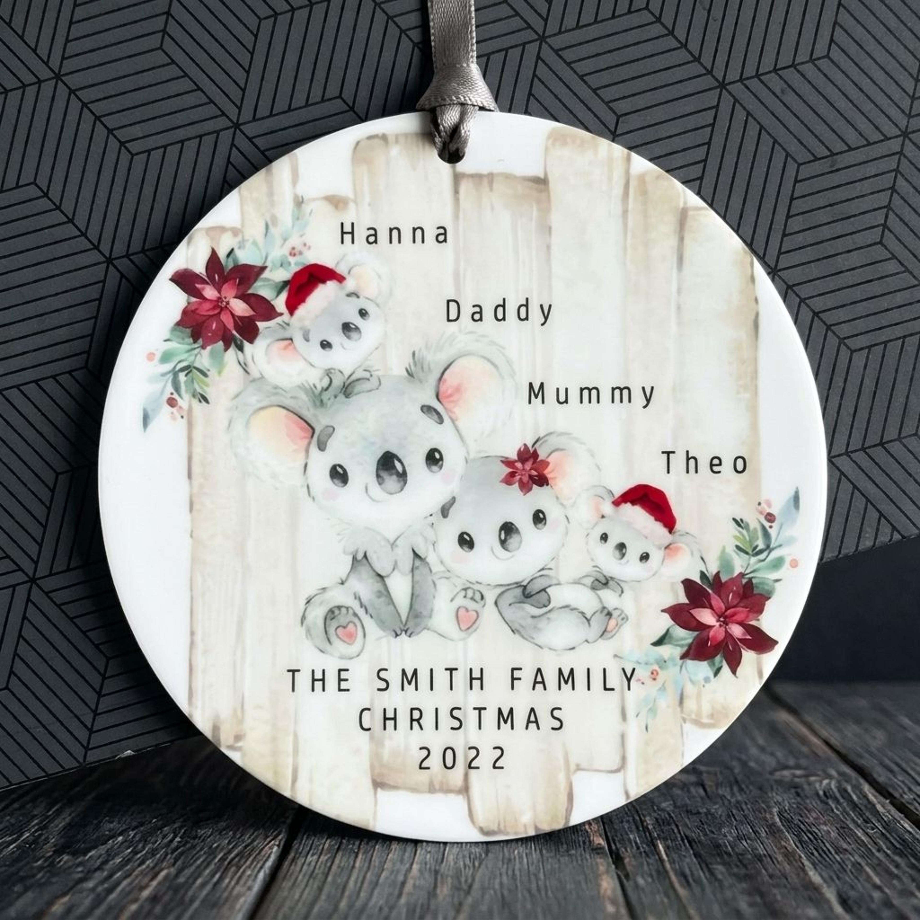 personalized koala family christmas ornament, custom family names christmas tree decoration, cute koala bear family