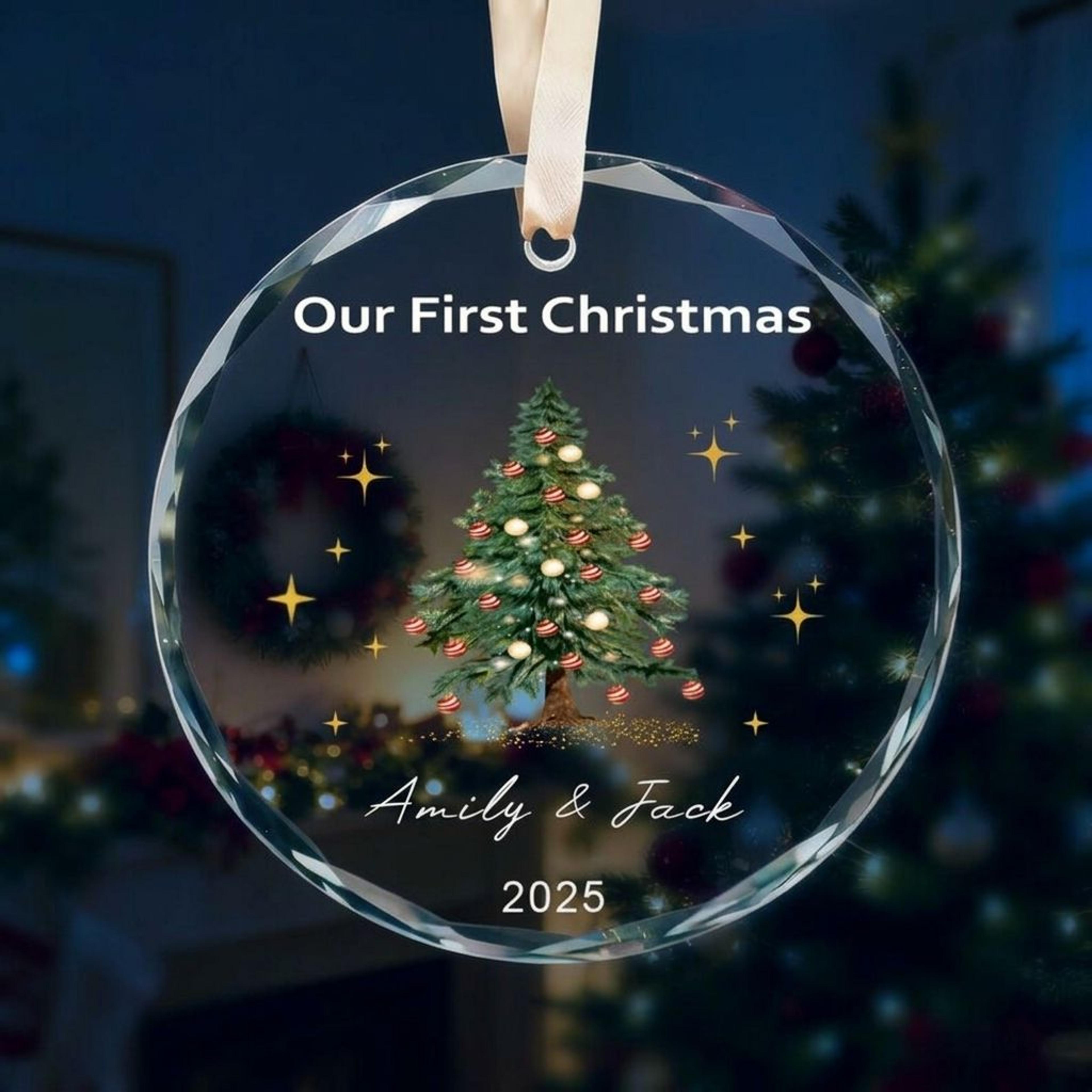 personalized our first christmas ornament, custom couple names and year, christmas tree glass keepsake, romantic holiday