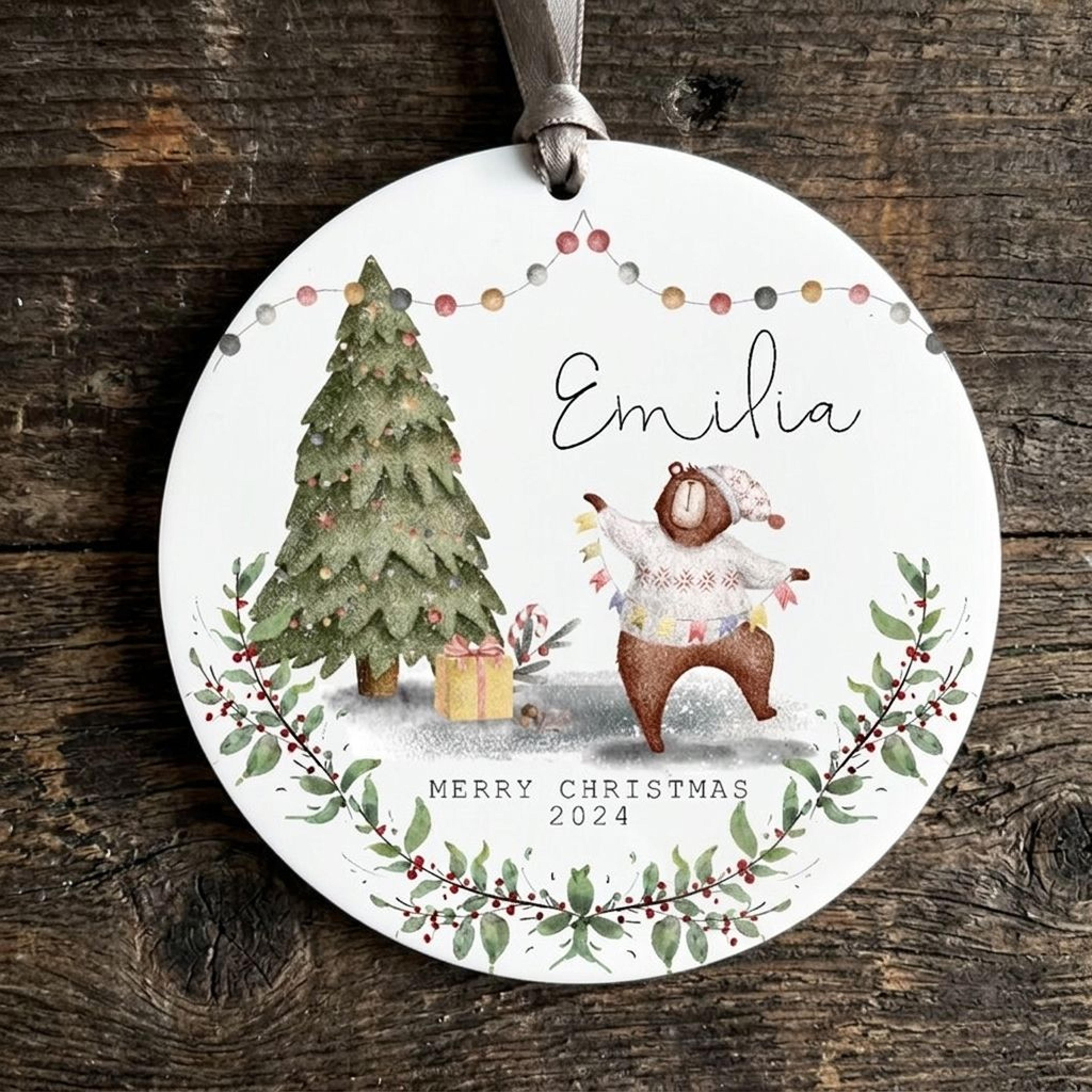 personalized christmas bear ornament, custom name and year, cute watercolor teddy bear christmas tree decoration
