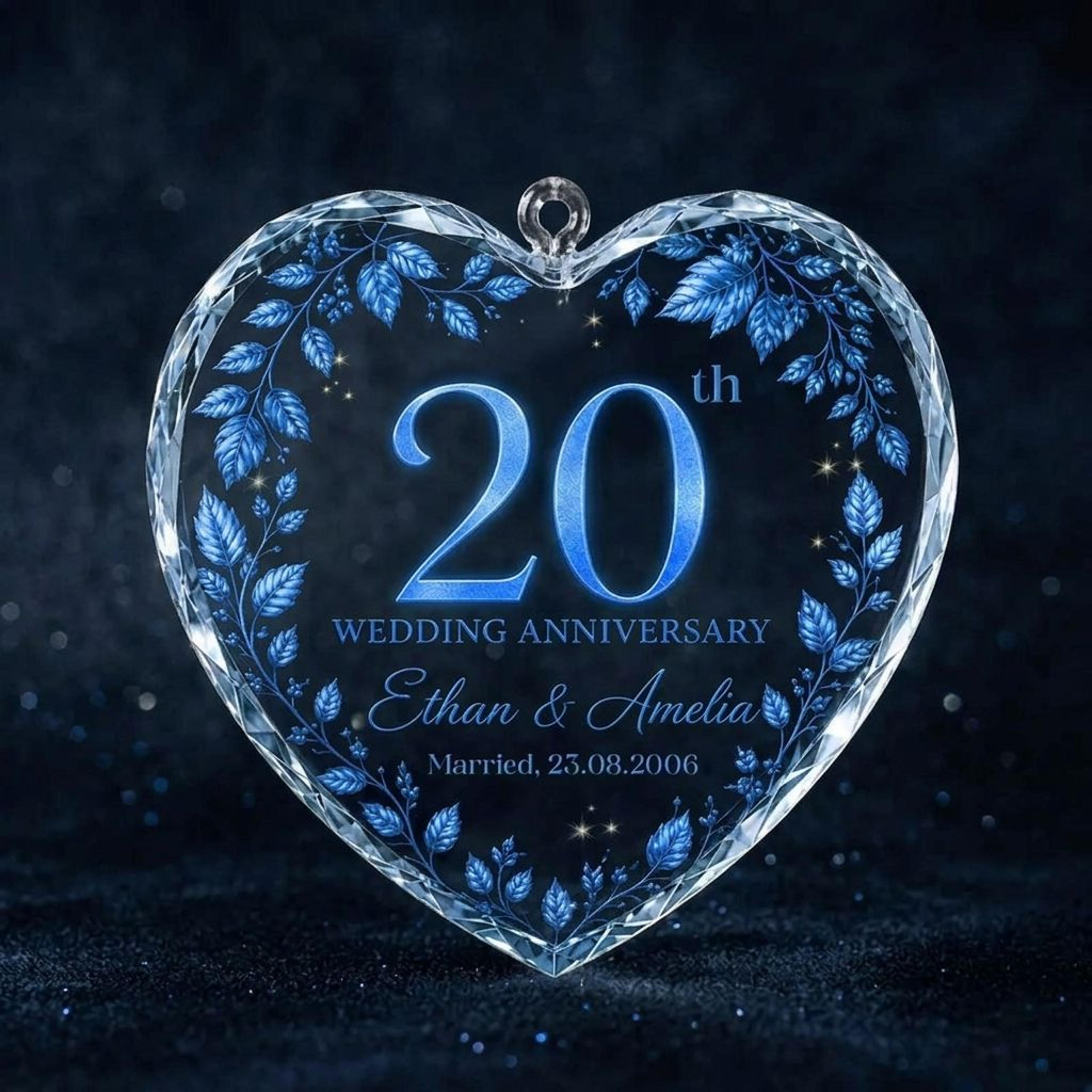 personalized 20th wedding anniversary ornament, custom couple names and wedding date, blue heart keepsake, 20 year