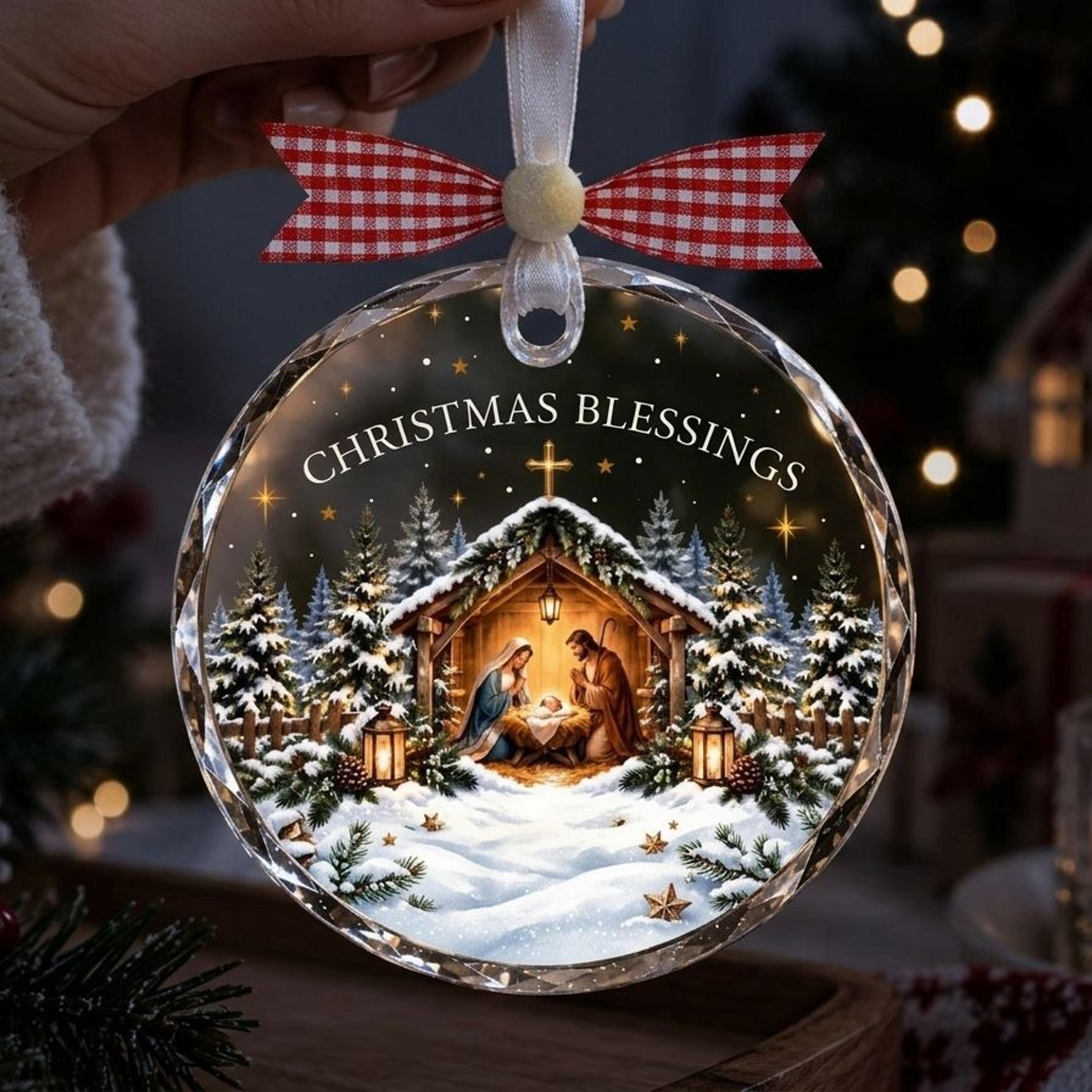 christmas blessings nativity ornament, holy family christmas decoration, baby jesus manger scene, religious christian
