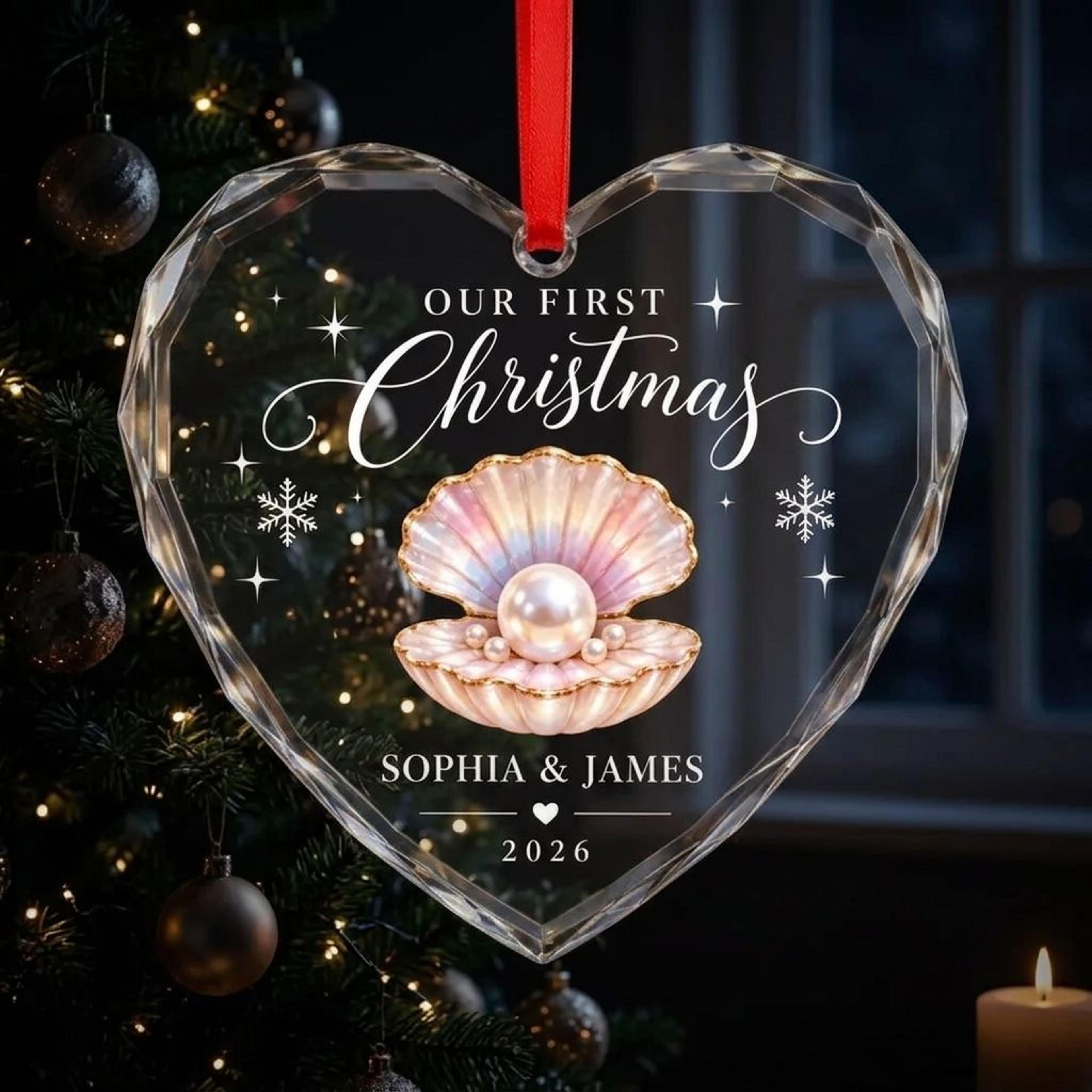 personalized our first christmas ornament, custom couple names and year, pearl seashell heart keepsake, romantic holiday