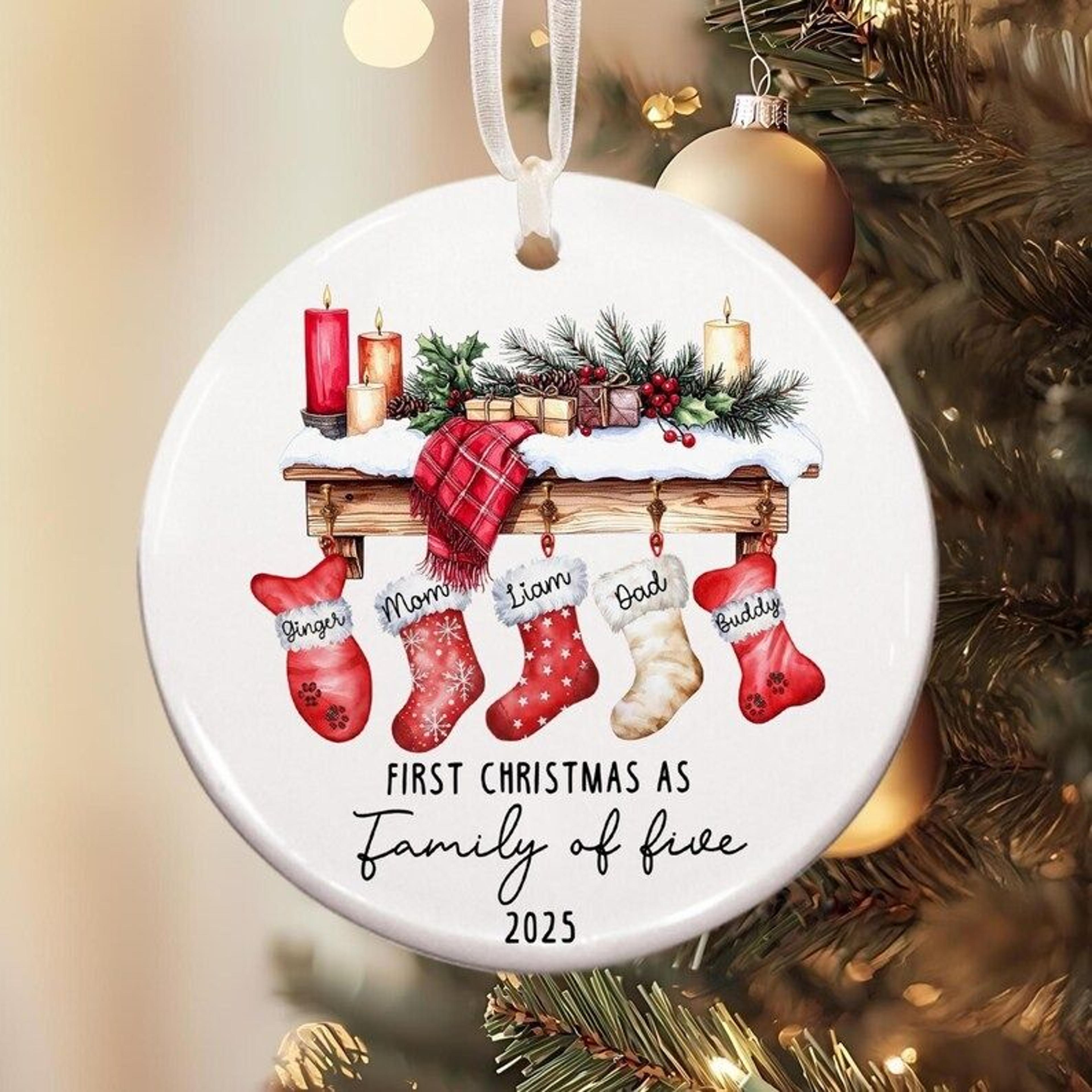 personalized first christmas as family of 5 ornament, custom name stockings, new baby family christmas keepsake, pet