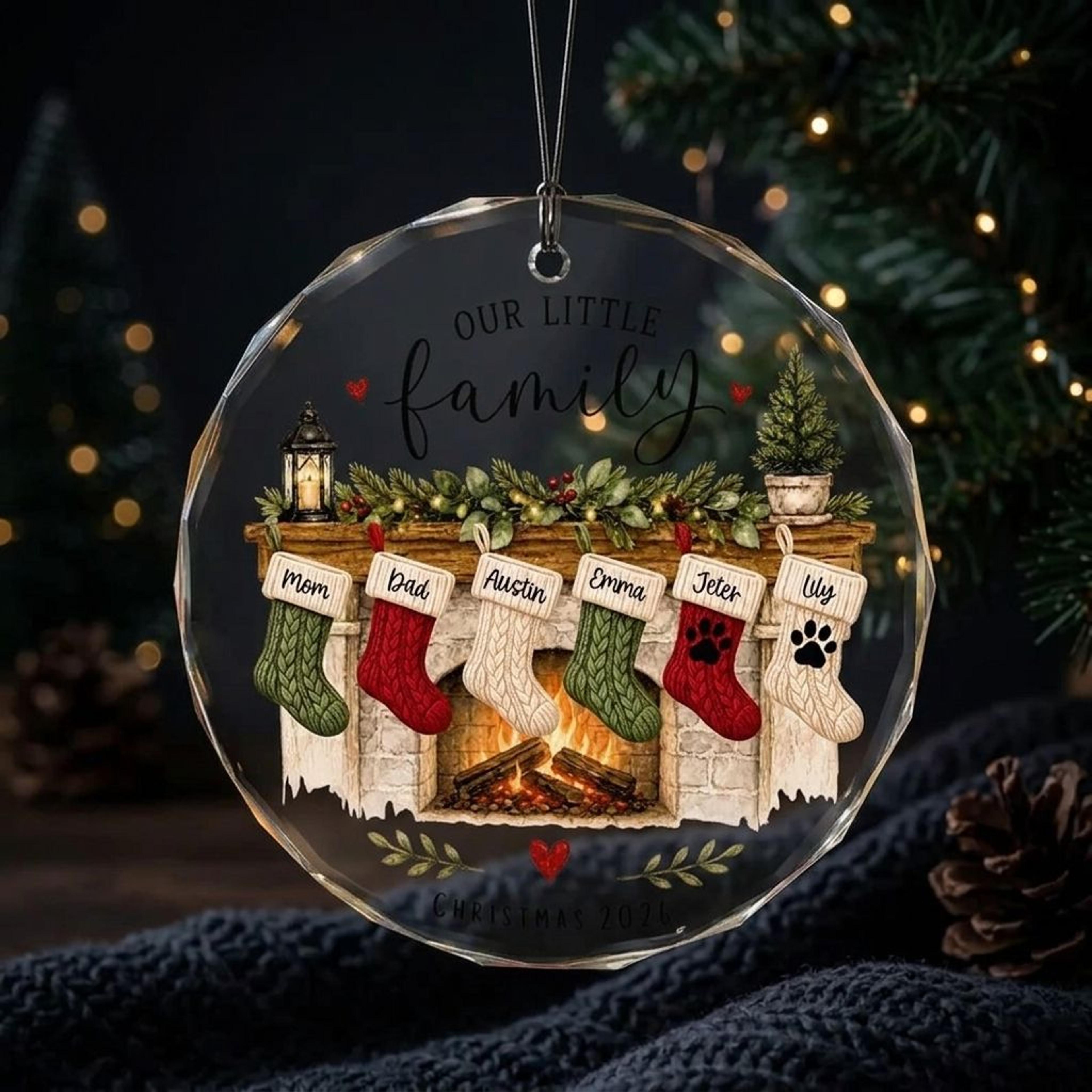 personalized family christmas ornament, custom name stockings with pets, cozy fireplace holiday keepsake, family christm