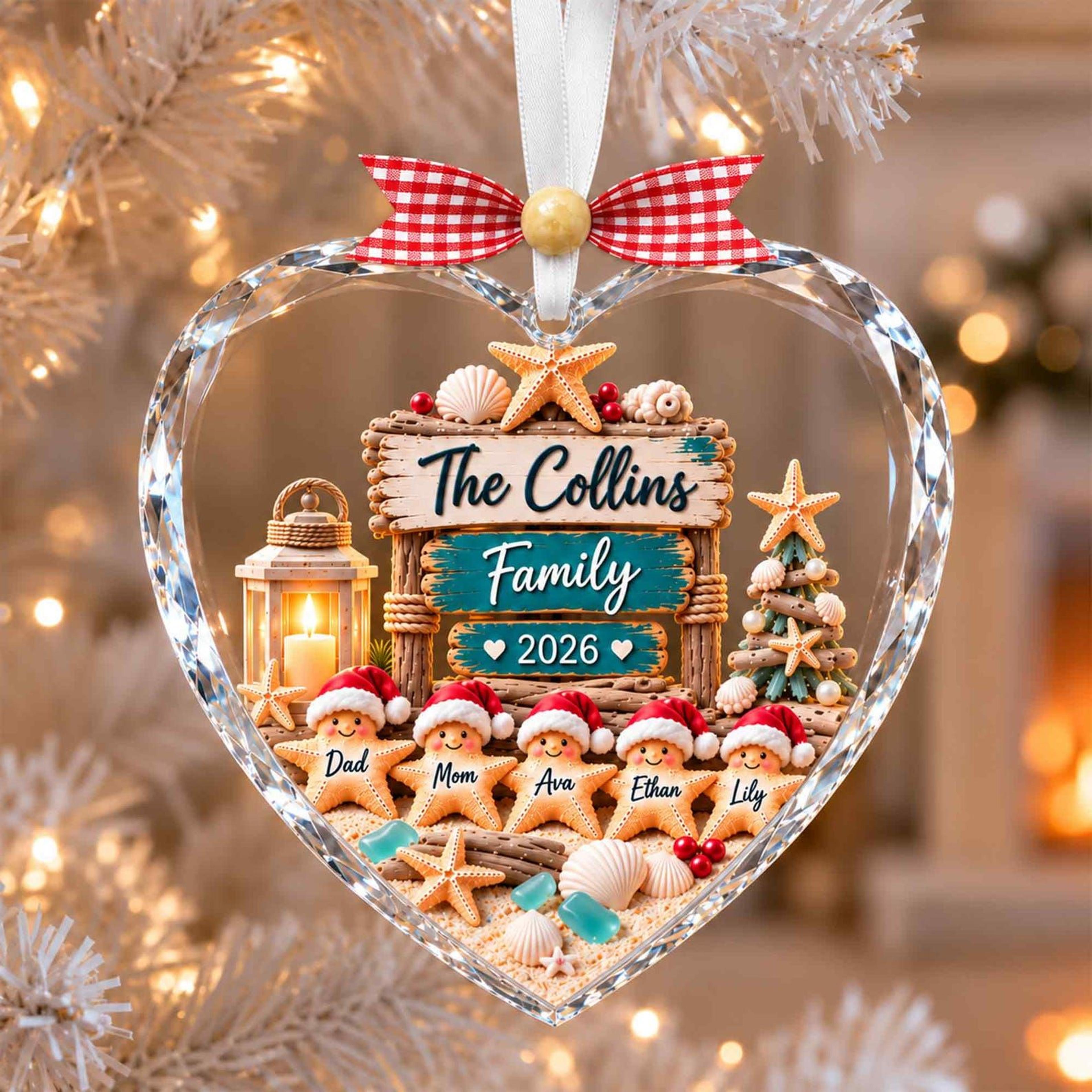 personalized starfish family christmas ornament, custom family names, coastal beach heart keepsake, unique holiday gift