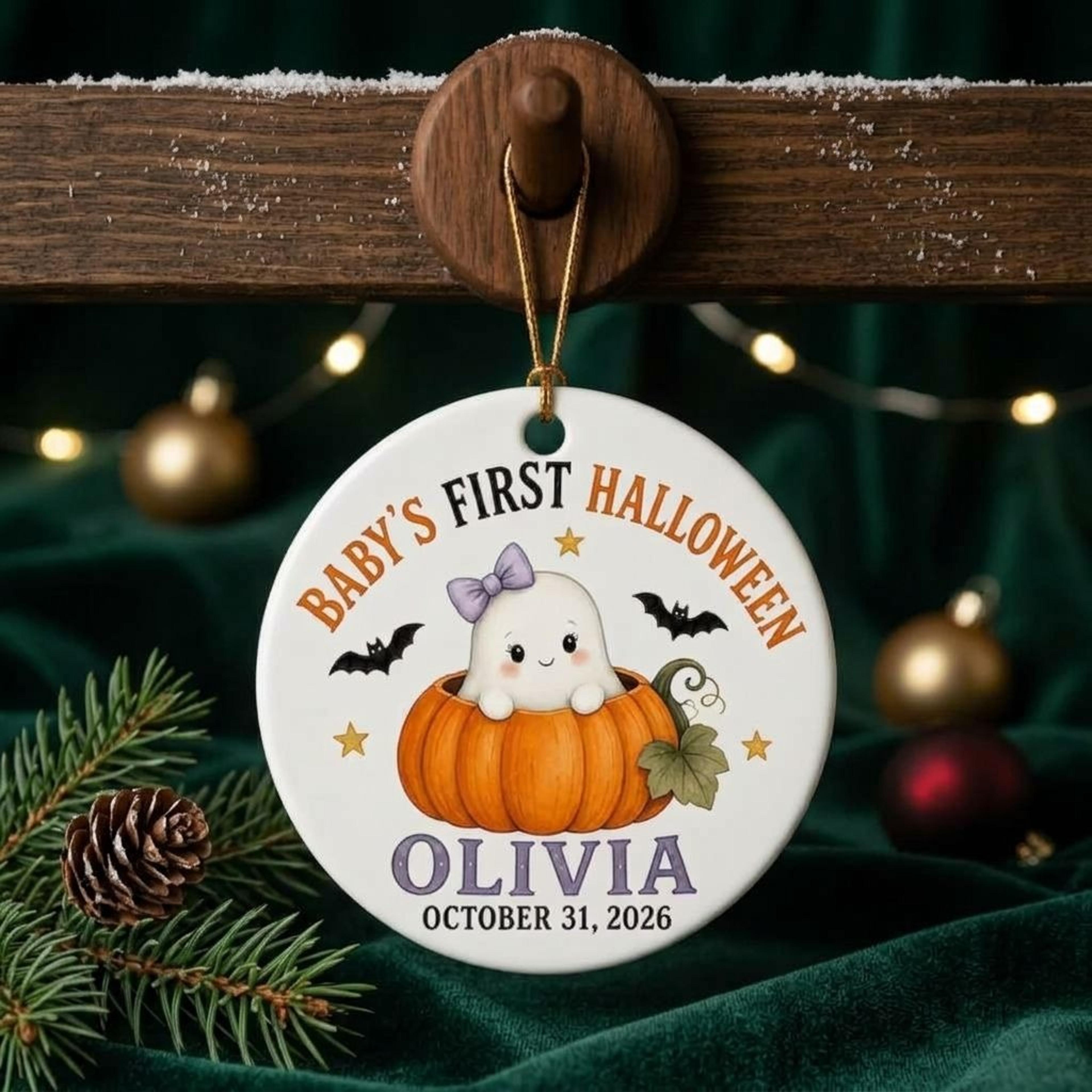 personalized baby's first halloween ornament 2026, cute ghost pumpkin baby name keepsake, custom halloween gift for new