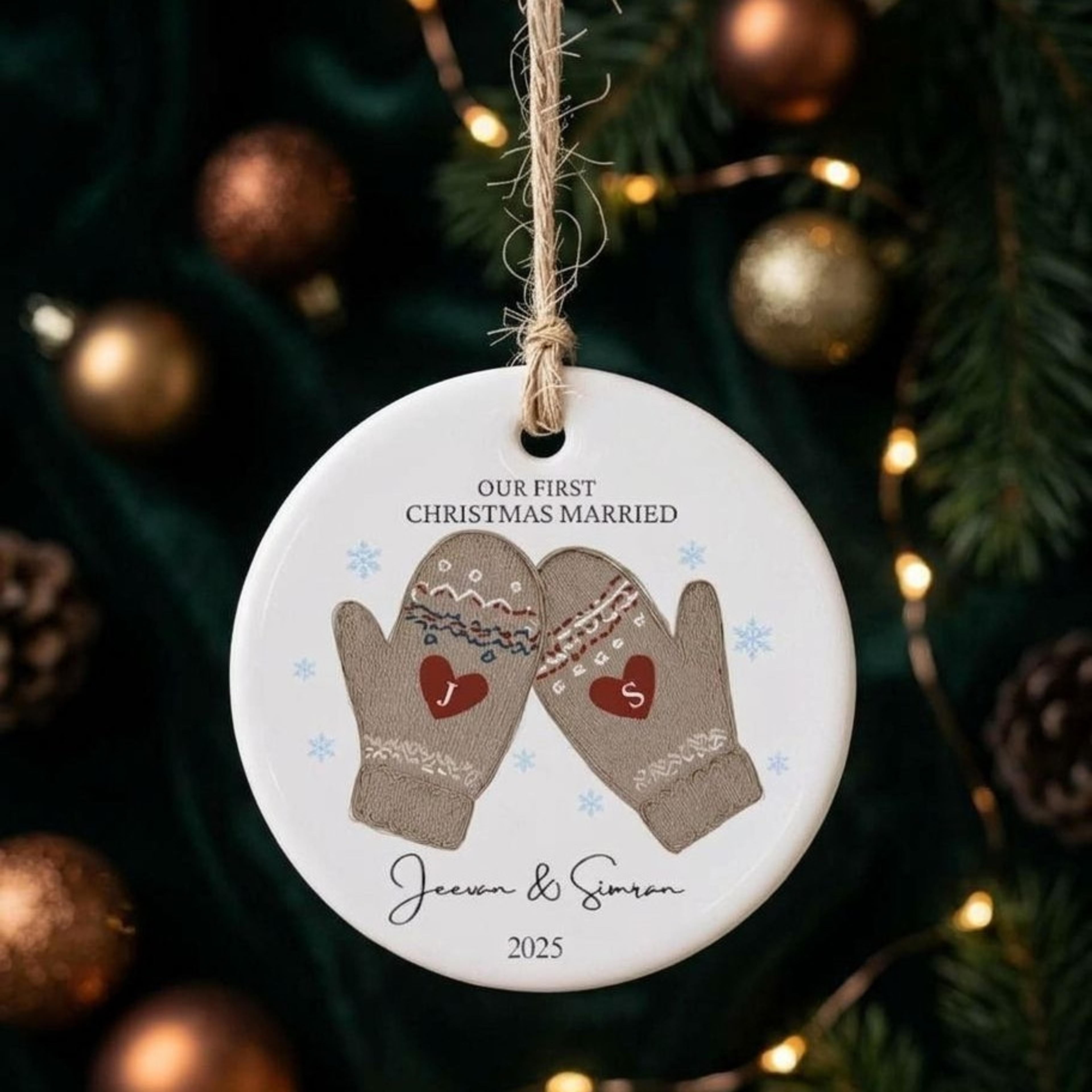personalized first christmas married ornament, custom couple names mitten christmas keepsake, newlywed wedding gift