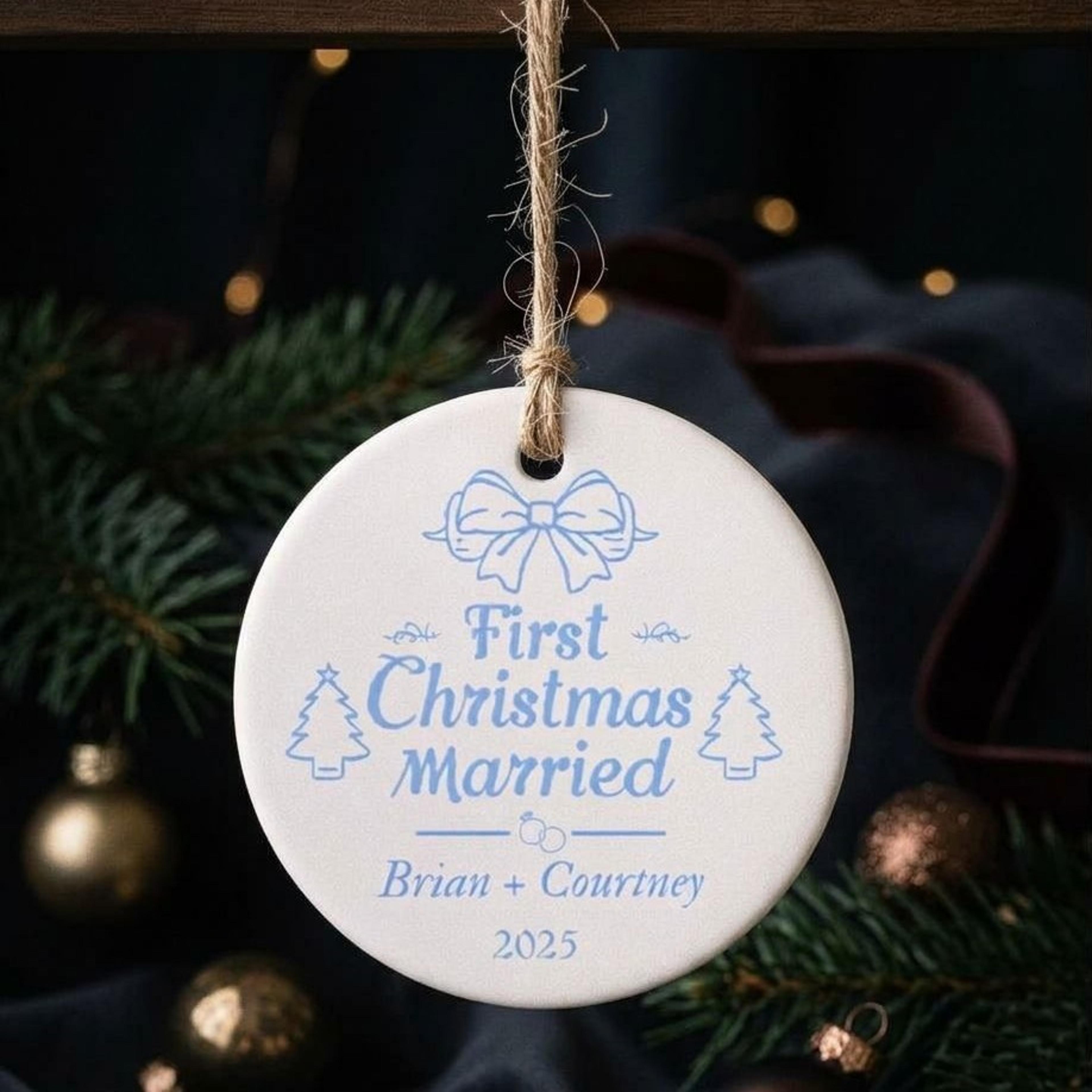 personalized first christmas married ornament, custom couple names wedding keepsake, blue bow newlywed christmas gift