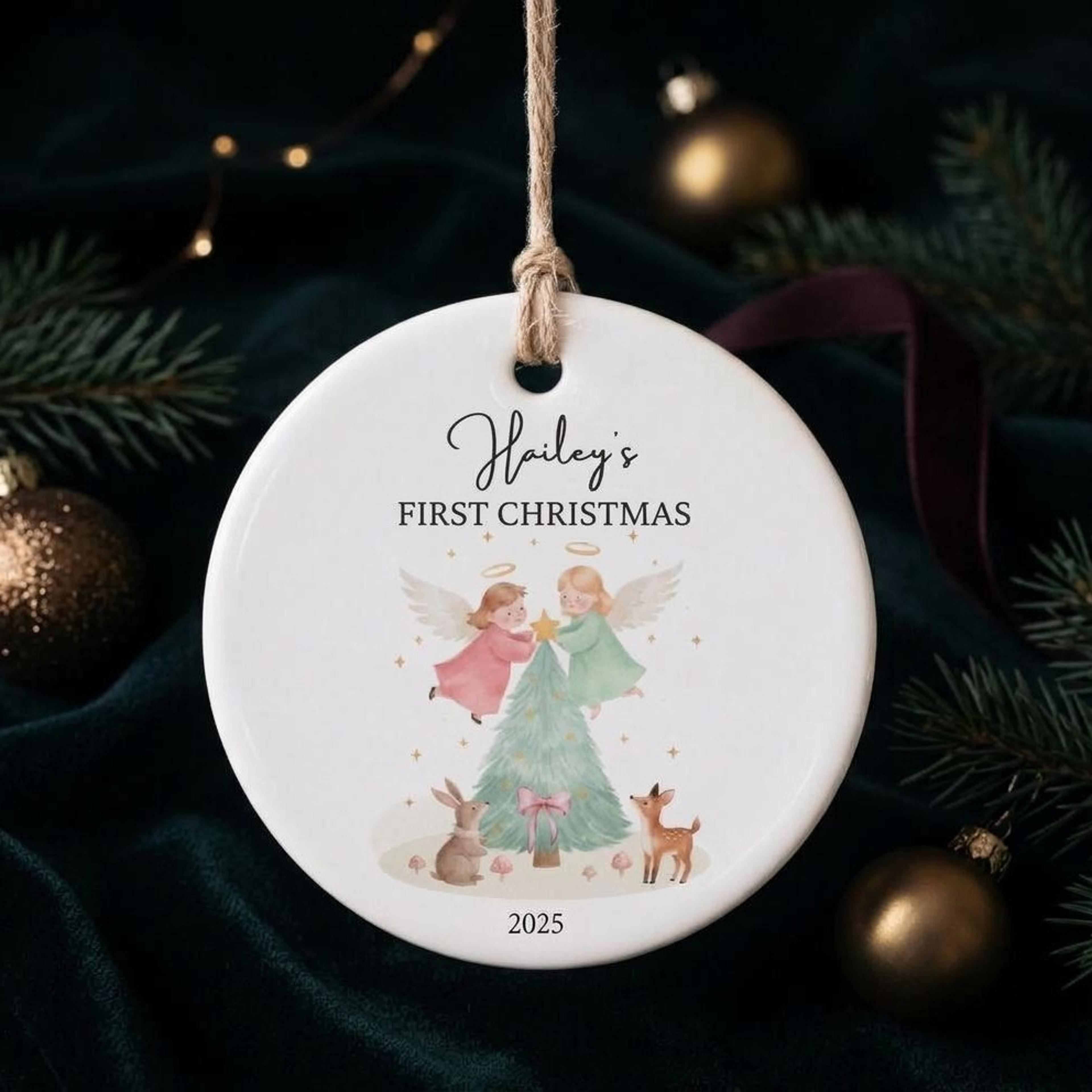 personalized baby's first christmas ornament, custom baby name angel christmas keepsake, woodland nursery gift for new