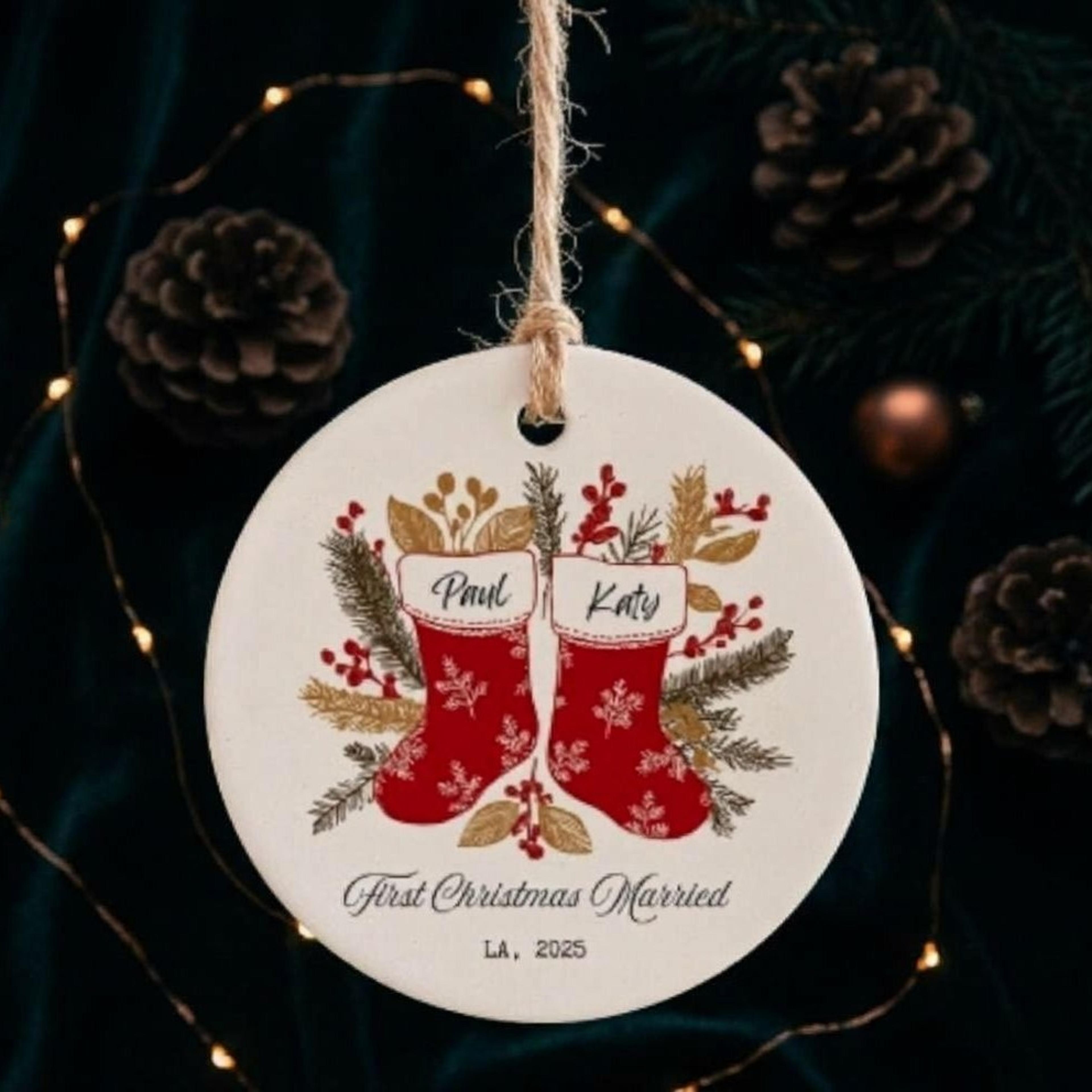 personalized first christmas married ornament, custom couple names red stocking keepsake, newlywed christmas wedding
