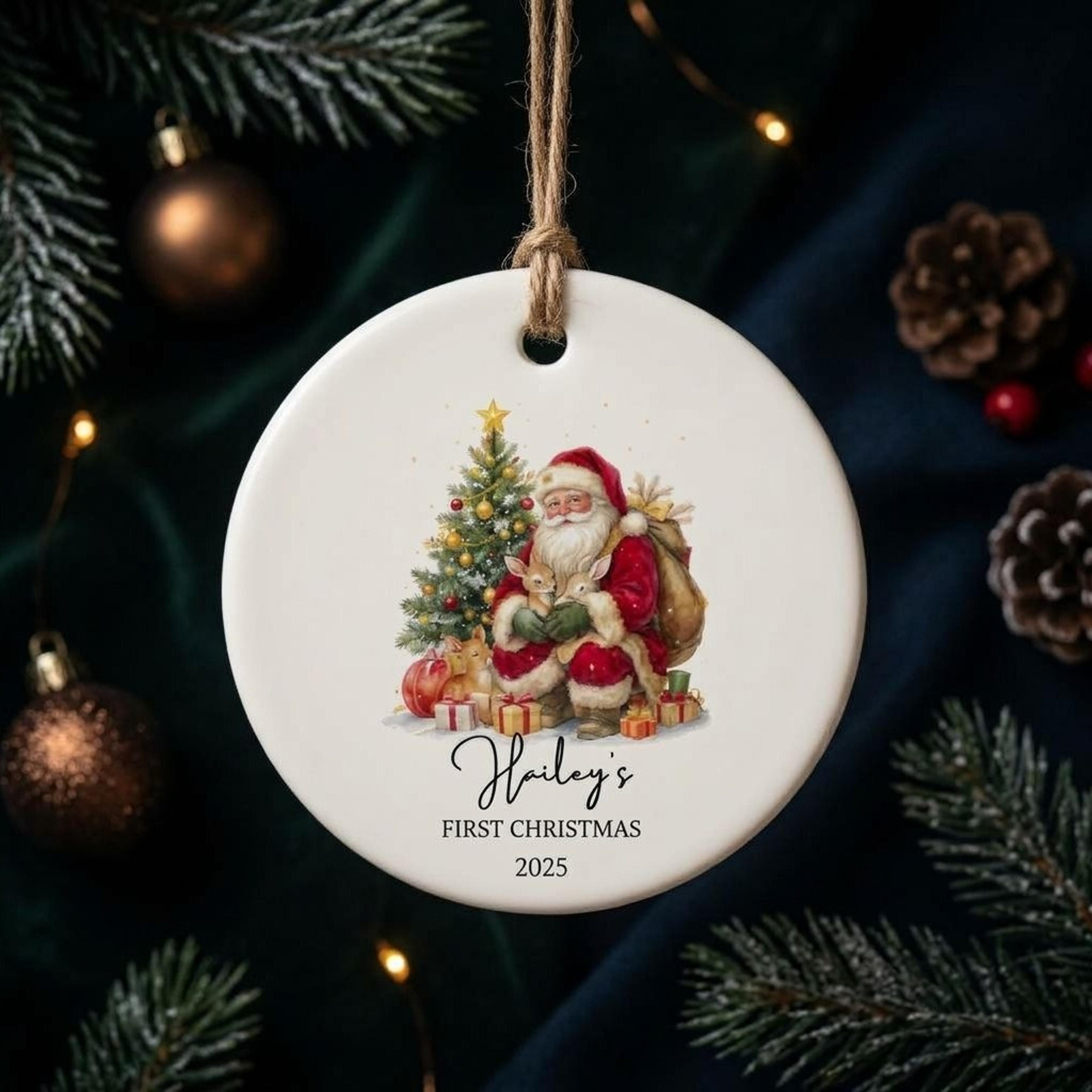personalized baby's first christmas ornament, custom baby name santa woodland keepsake, newborn christmas gift, holiday