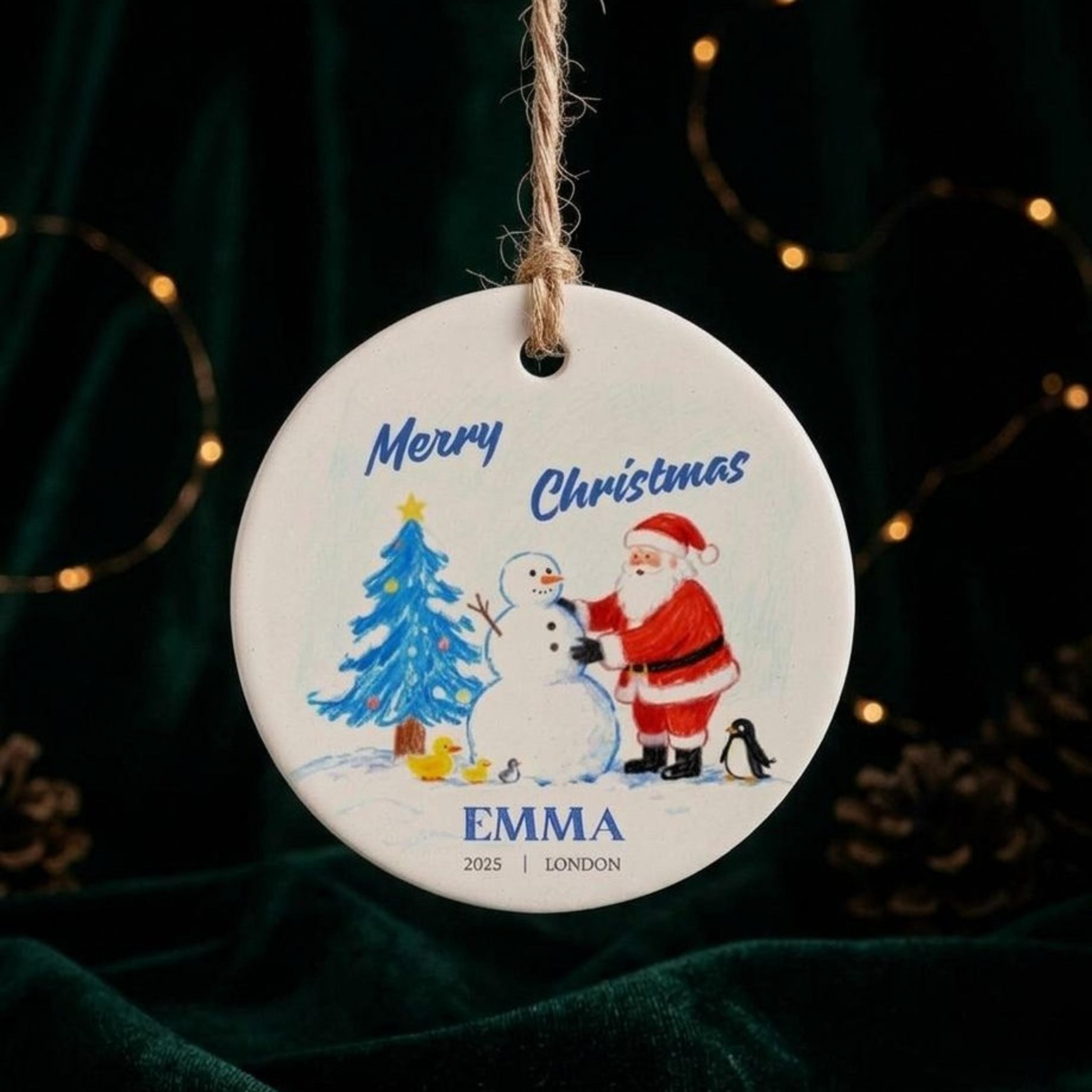 personalized santa snowman christmas ornament, custom name year and location keepsake, cute winter holiday gift for kids