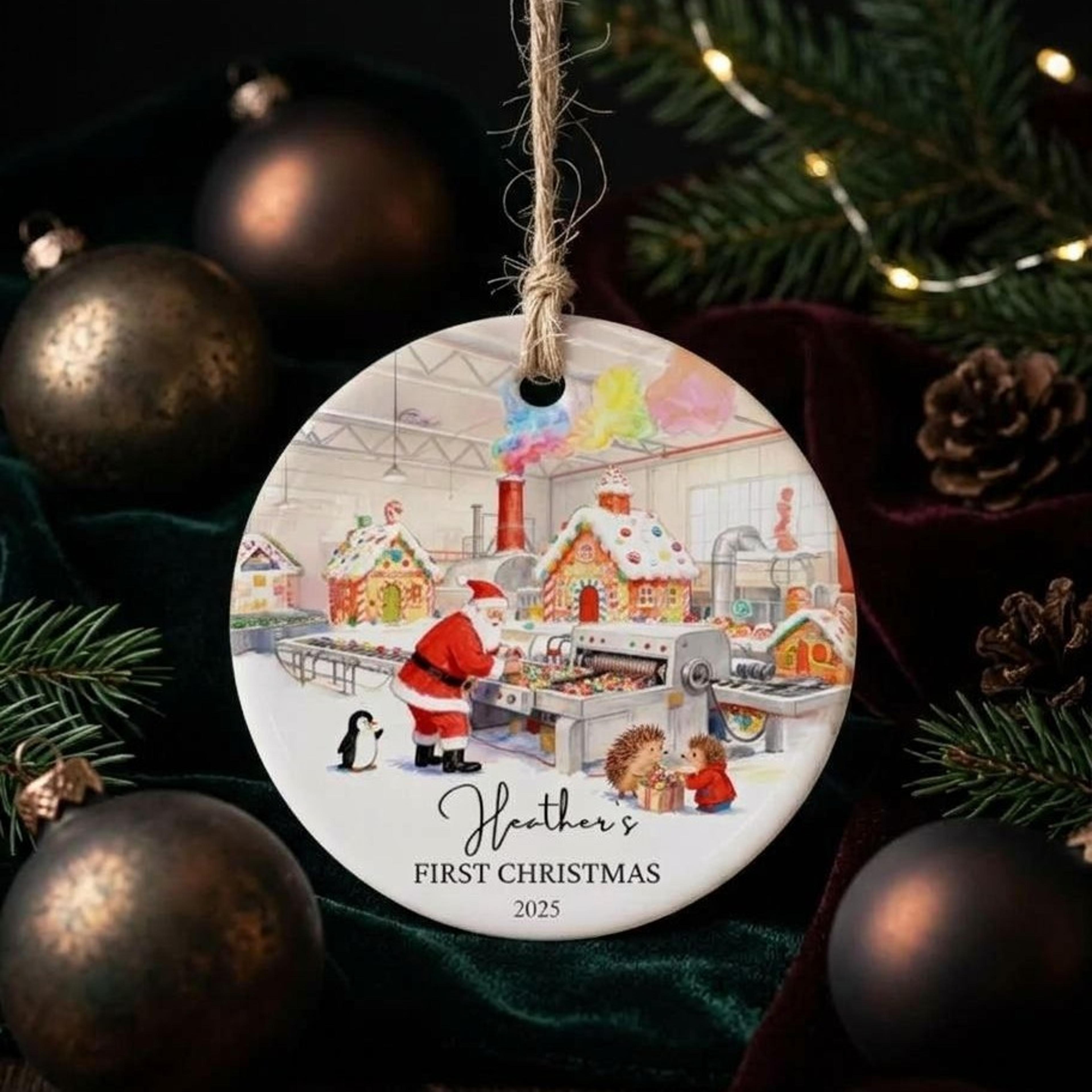 personalized first christmas ornament, custom baby name santa gingerbread factory keepsake, cute christmas gift for new