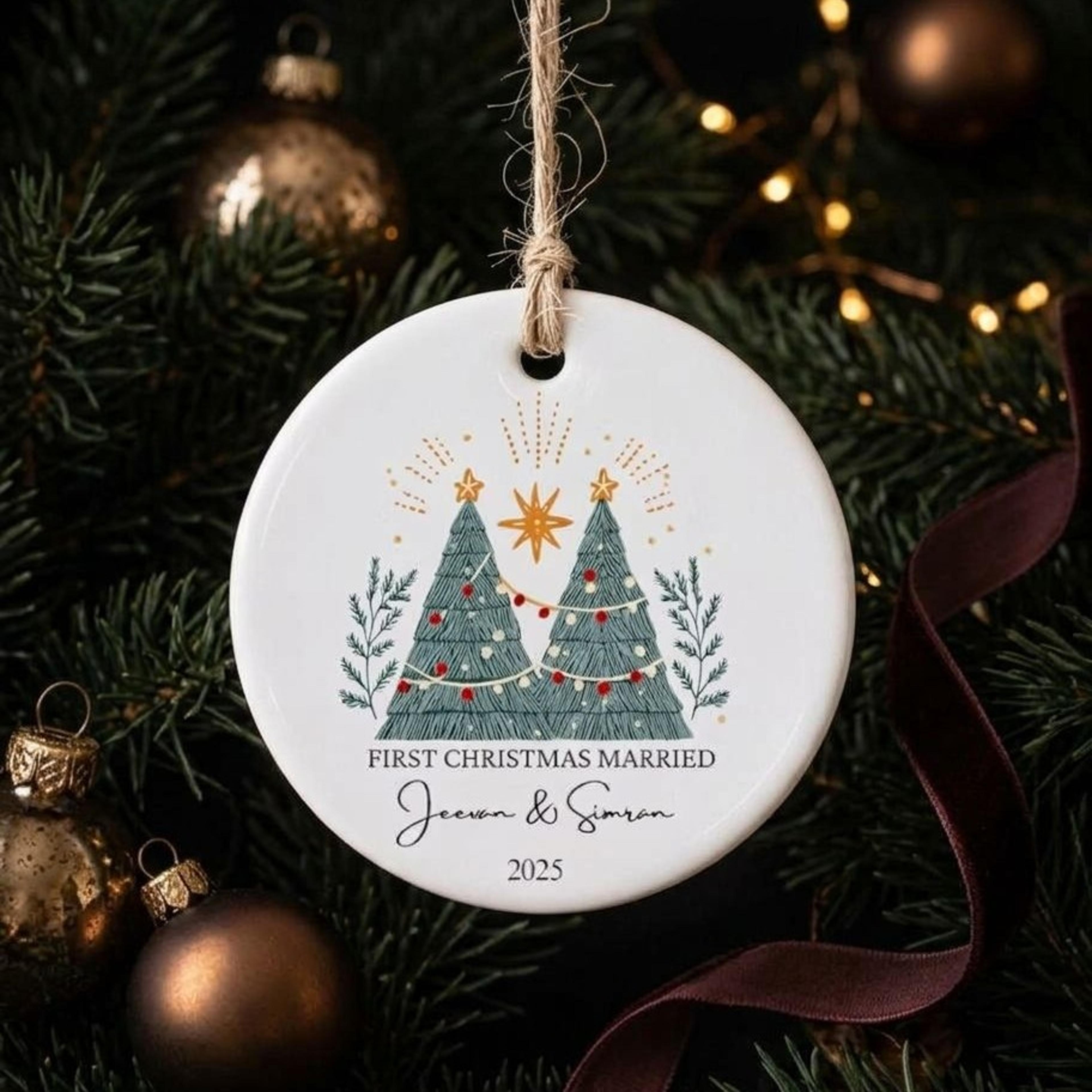 personalized first christmas married ornament, custom couple names christmas tree keepsake, newlywed wedding gift