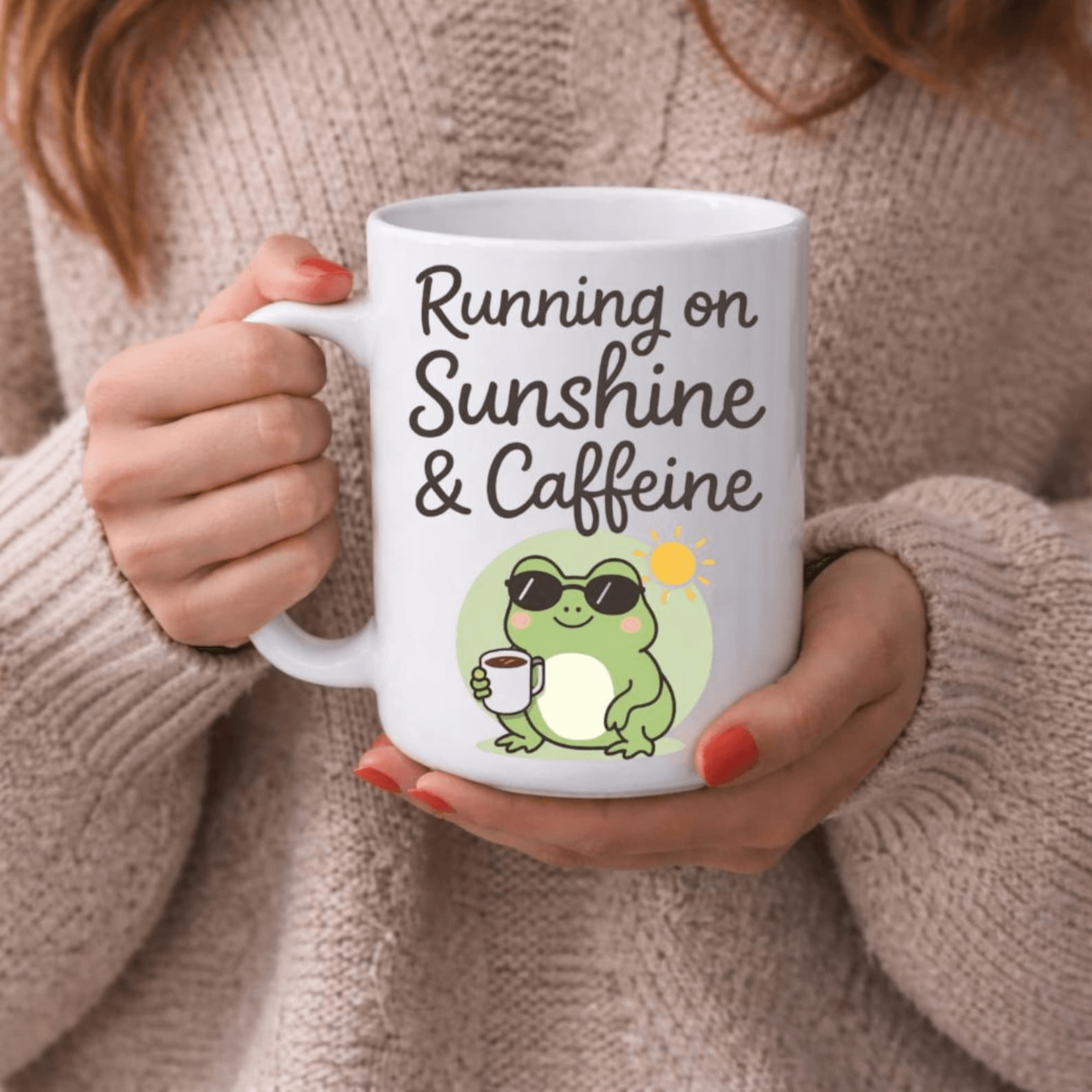running on sunshine & caffeine funny frog mug – cute summer coffee cup, positive vibes office humor gift
