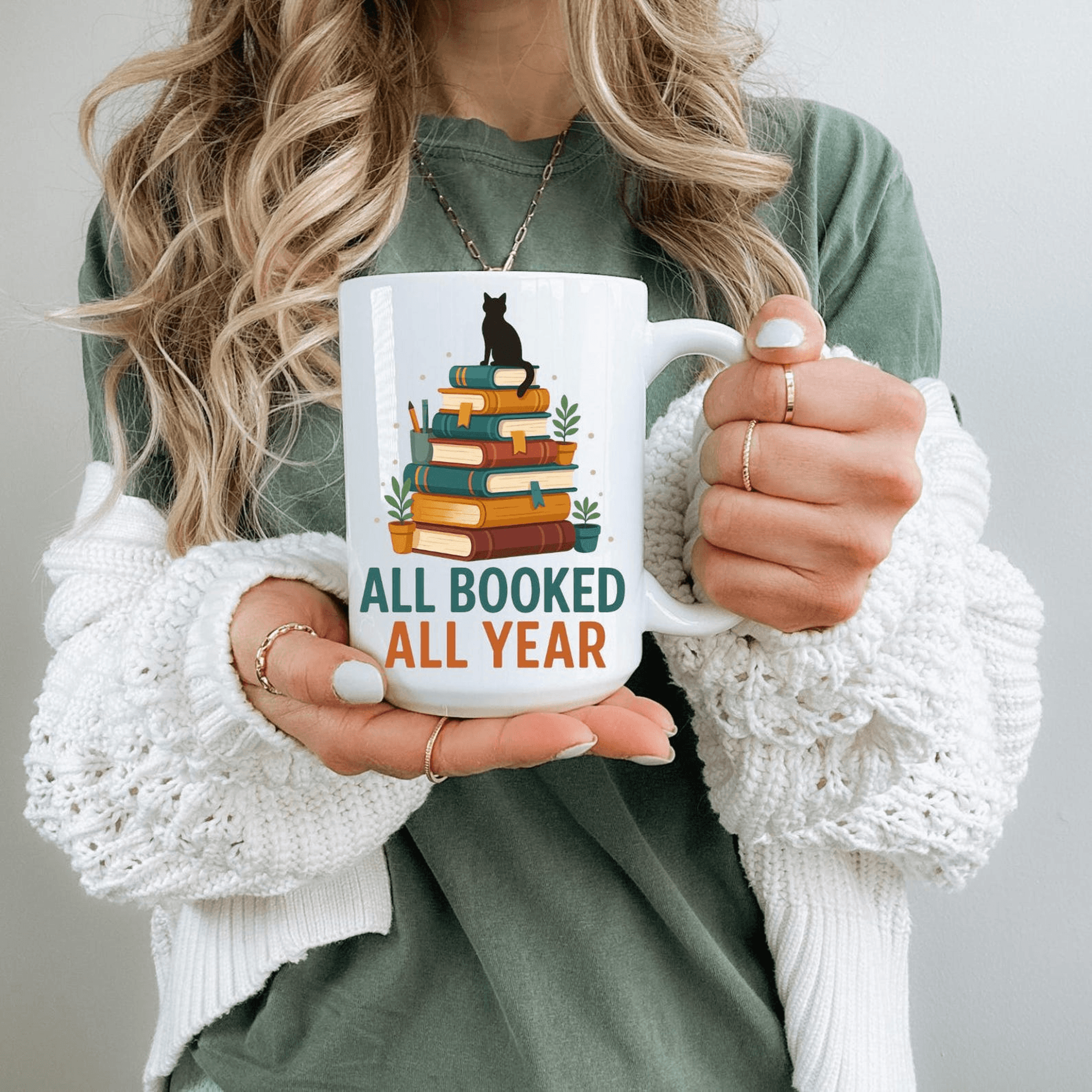 all booked all year mug – book lover & cat lover coffee cup cozy reader gift
