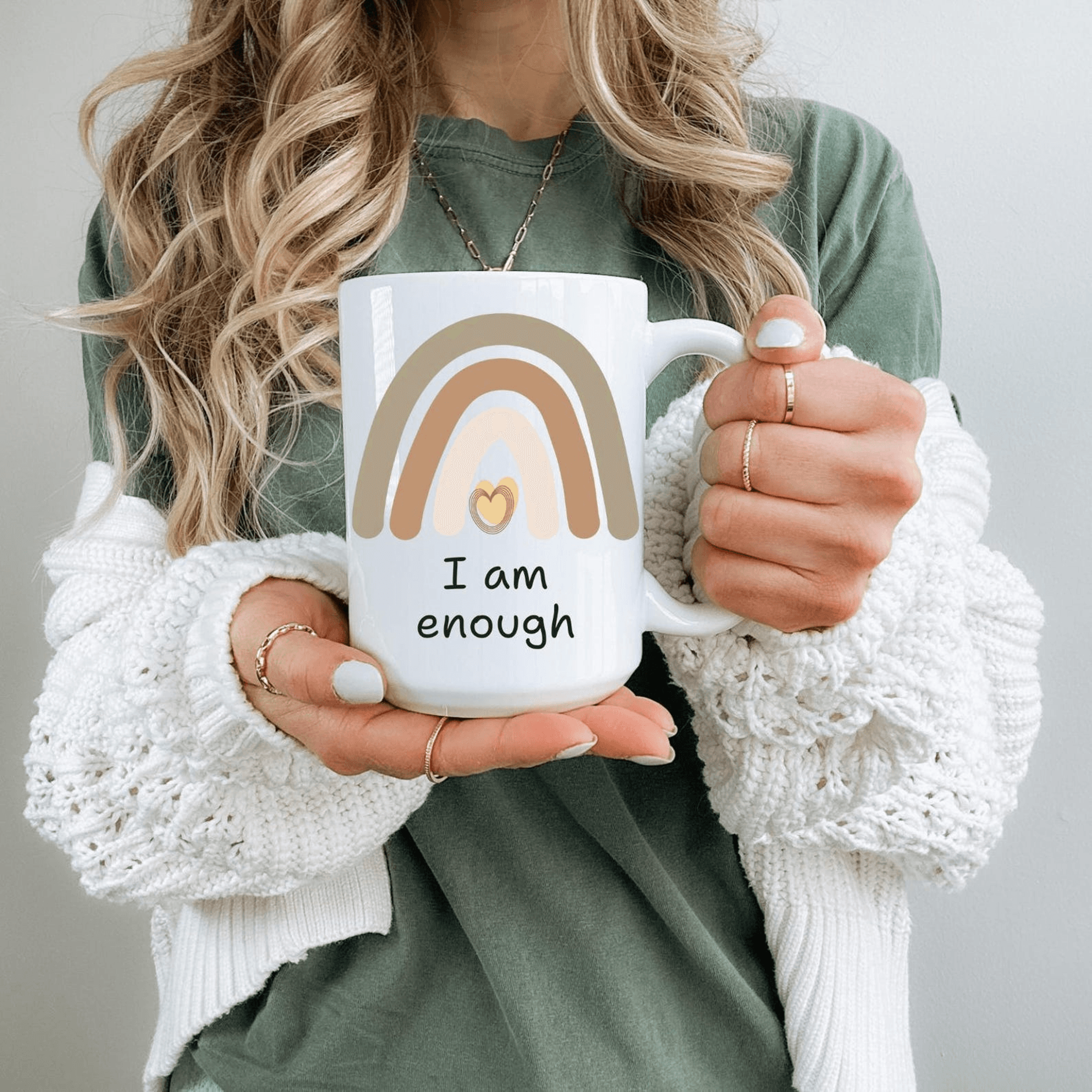 boho coffee mug – i am enough motivational ceramic self-love quote cup gift
