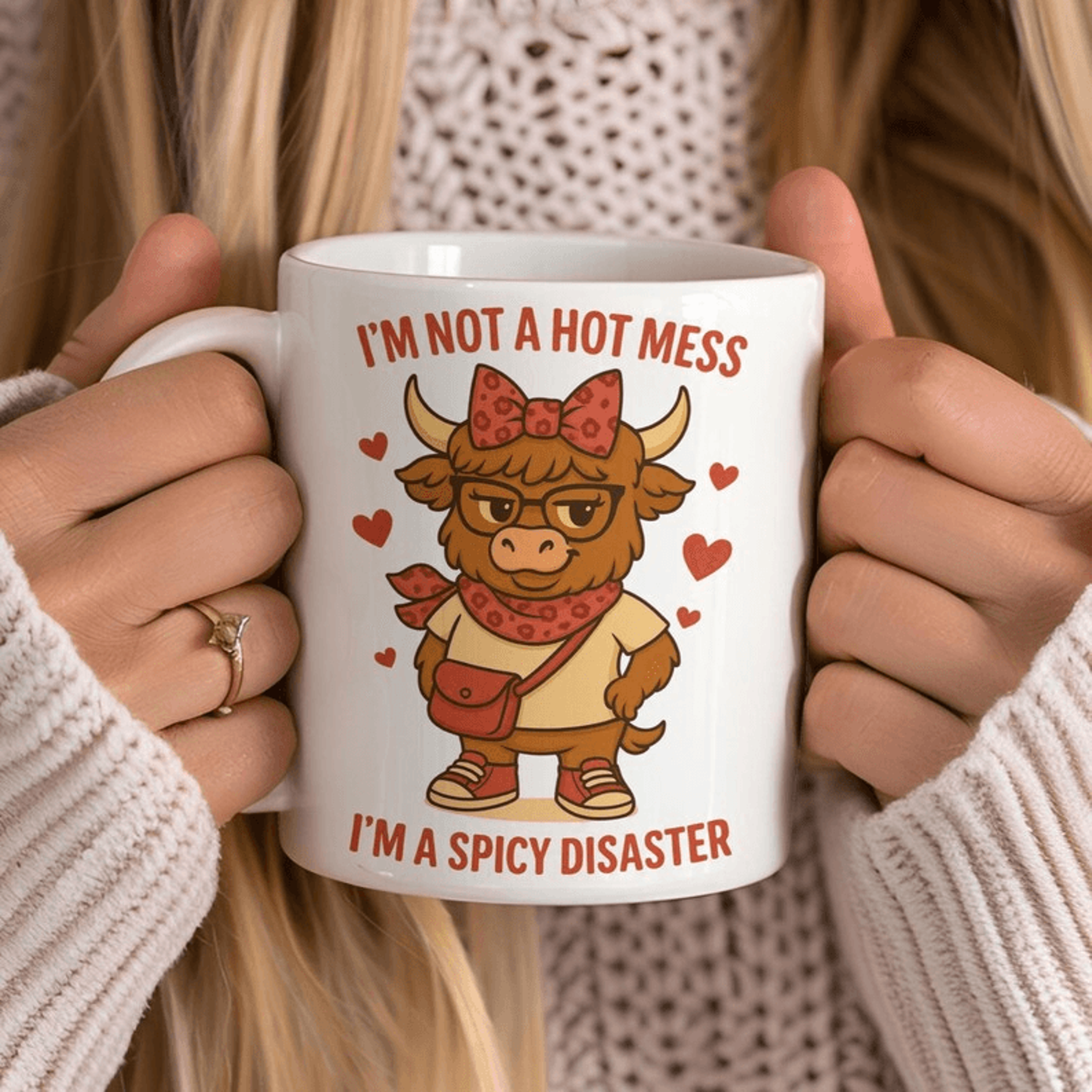 i'm not a hot mess mug 15 oz mug, spicy disaster coffee mug, funny highland cow mug, sarcastic gift for women
