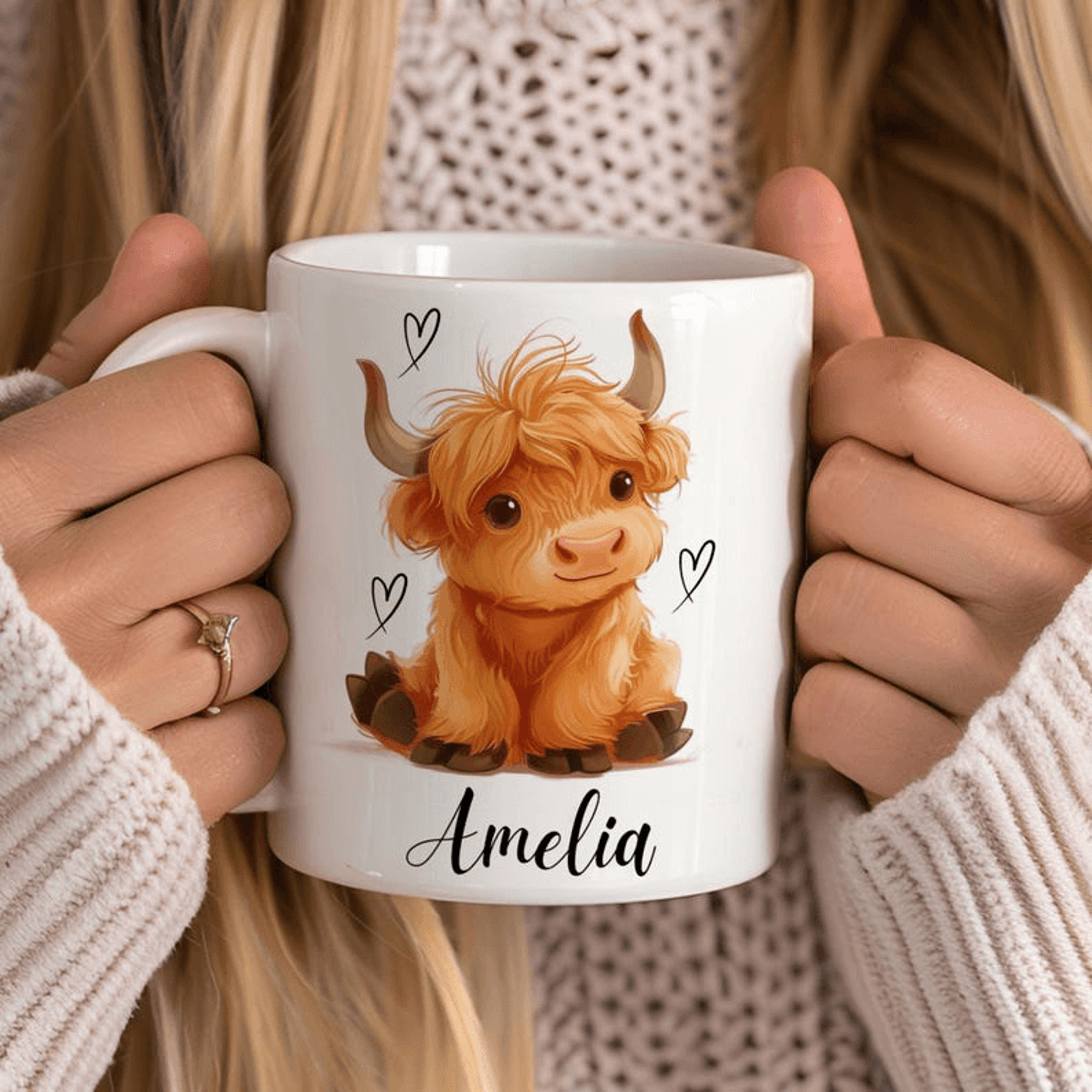 personalized highland cow mug 15 oz mug, custom name coffee mug, cute baby highland cow gift for girls & cow lovers