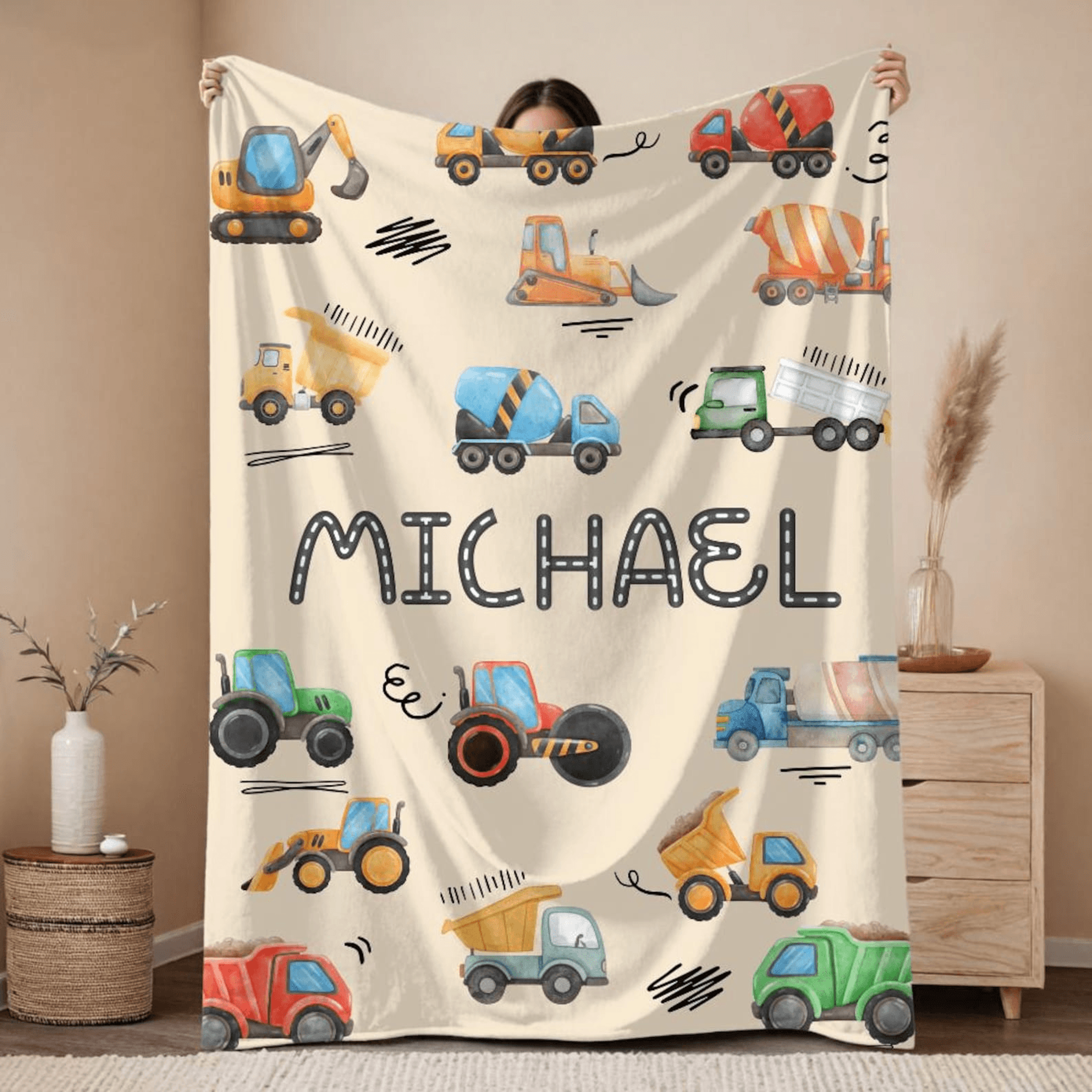 personalized construction truck blanket custom name sherpa throw for kids