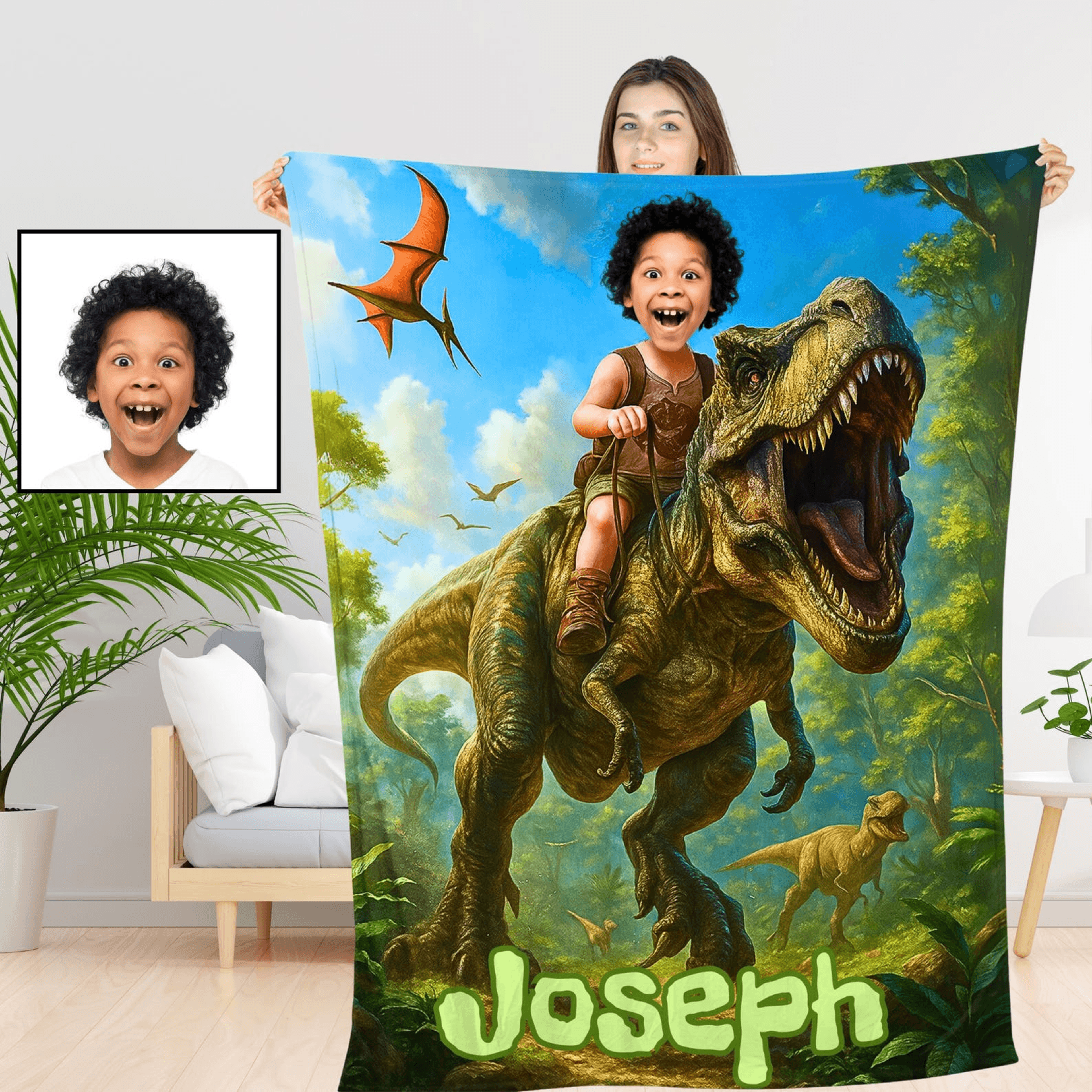 personalized dinosaur blanket with photo & name custom t-rex kids blanket gift for boys and girls