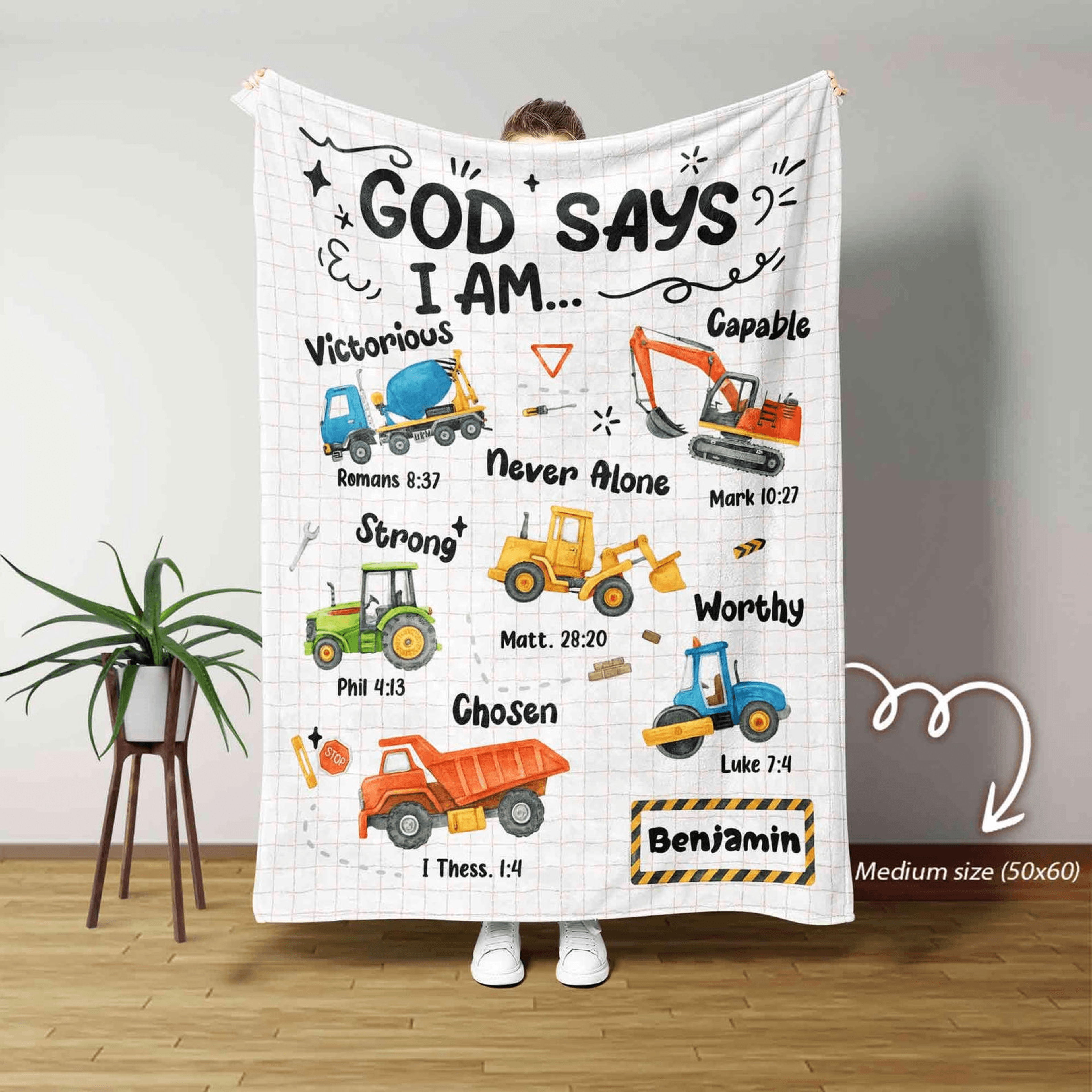 personalized god says i am blanket for boys christian construction theme bible verse throw
