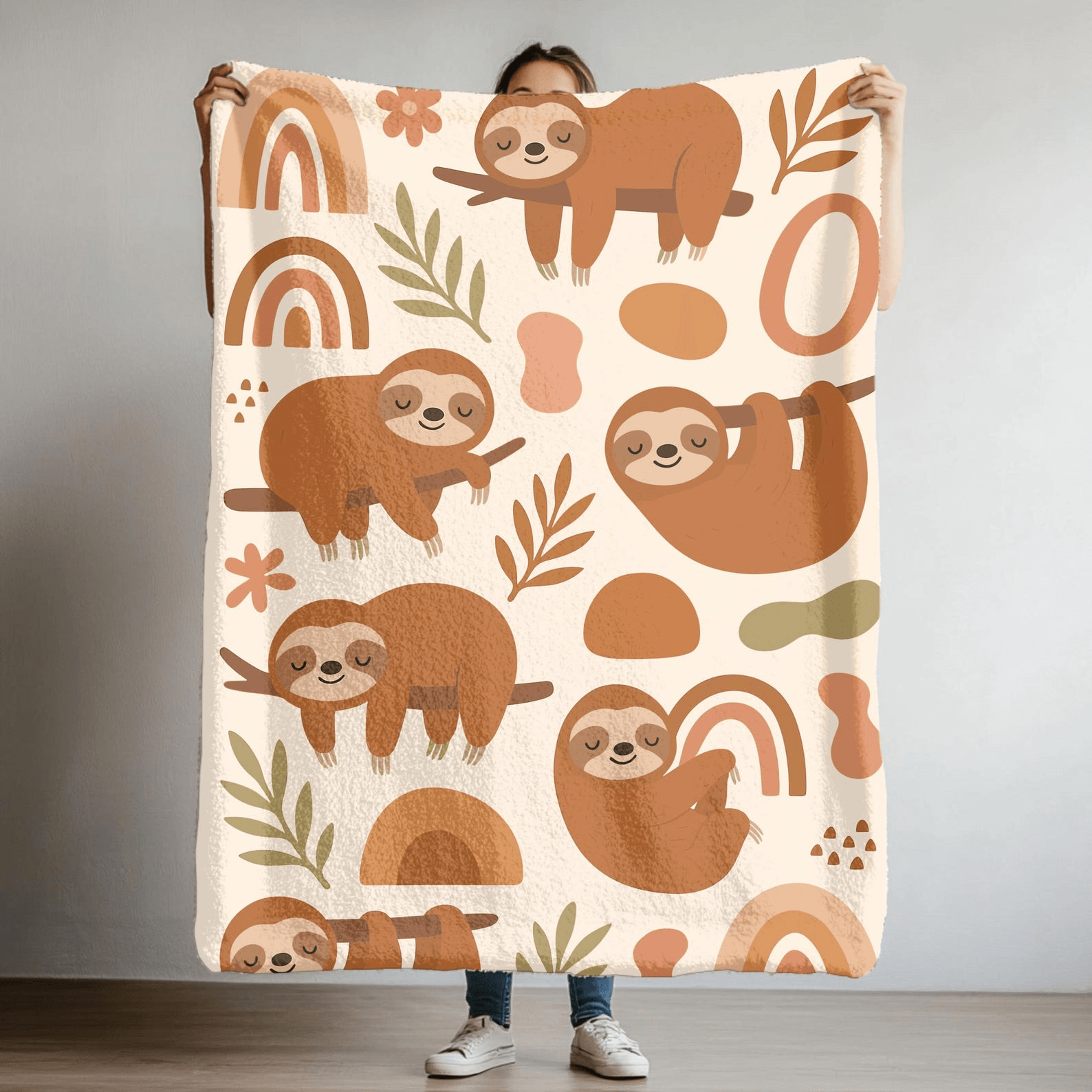 sloth velveteen throw blanket – cute boho sloth plush fleece blanket for cozy movie nights
