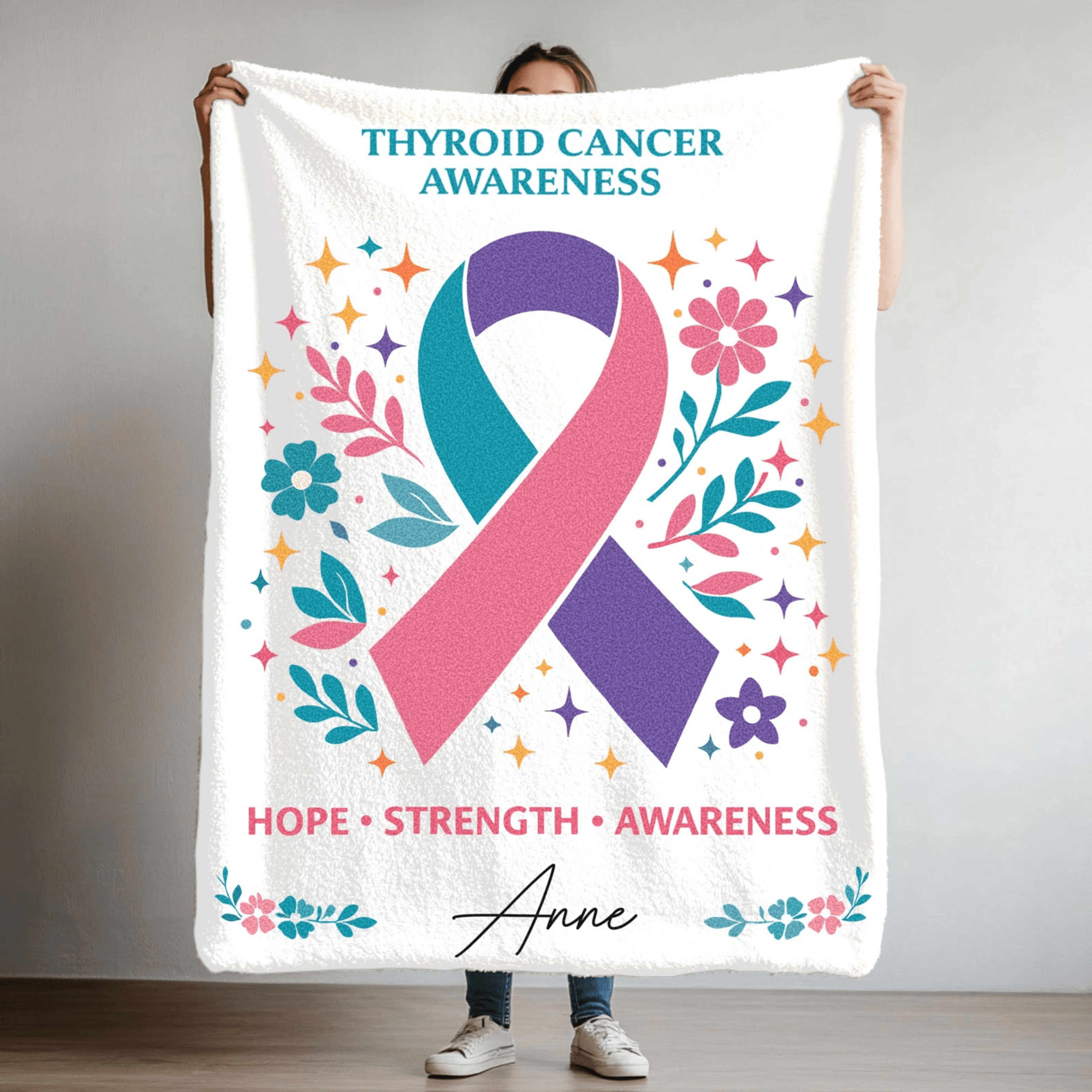 personalized thyroid cancer awareness blanket – custom name comfort throw gift for strength & support