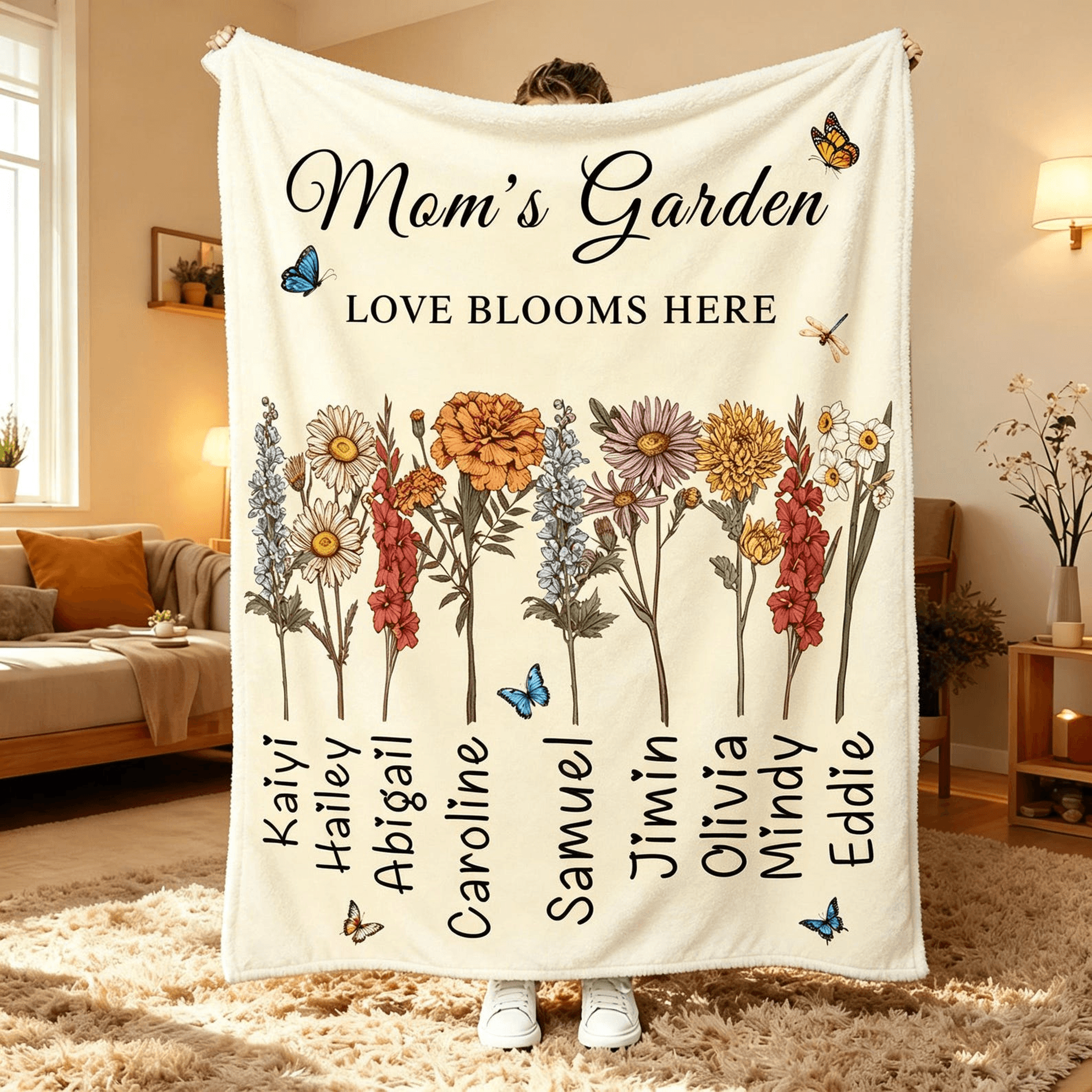 personalized birth flower garden blanket – custom family name throw gift for moms & grandmas