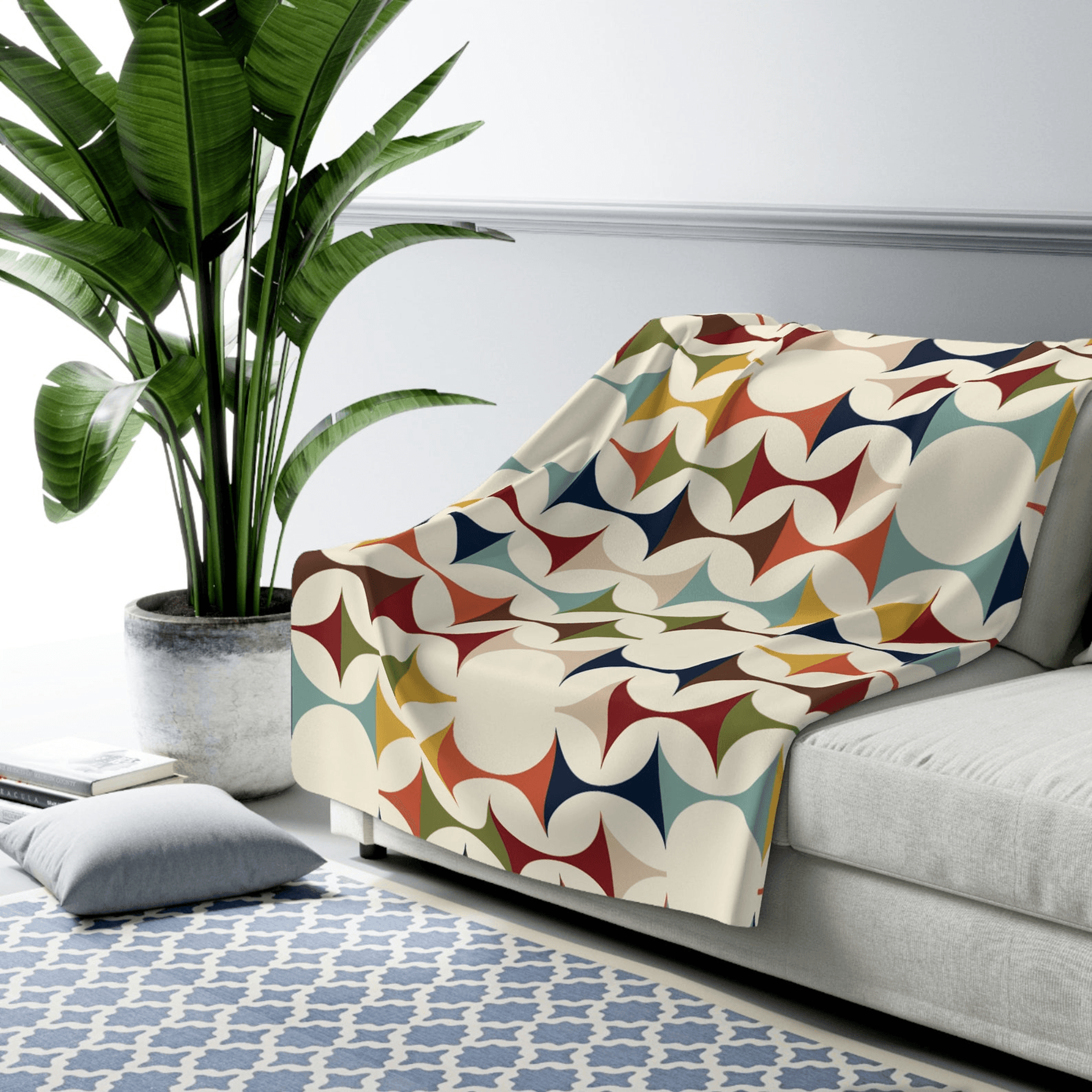 mid century modern sherpa fleece blanket – geometric mcm throw in cream, teal, mustard & rust