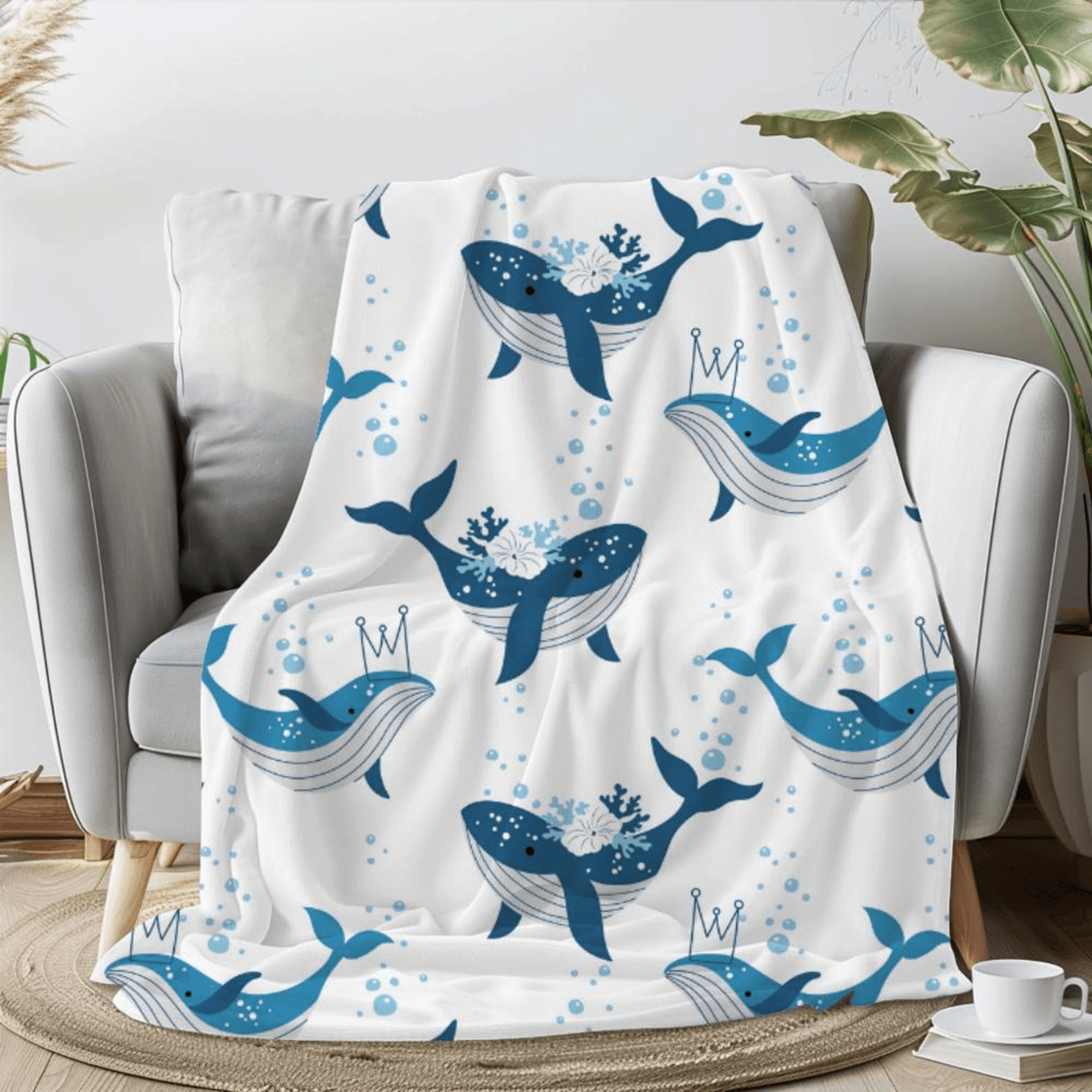 blue whale fleece blanket – coastal ocean throw for beach house decor & cozy comfort