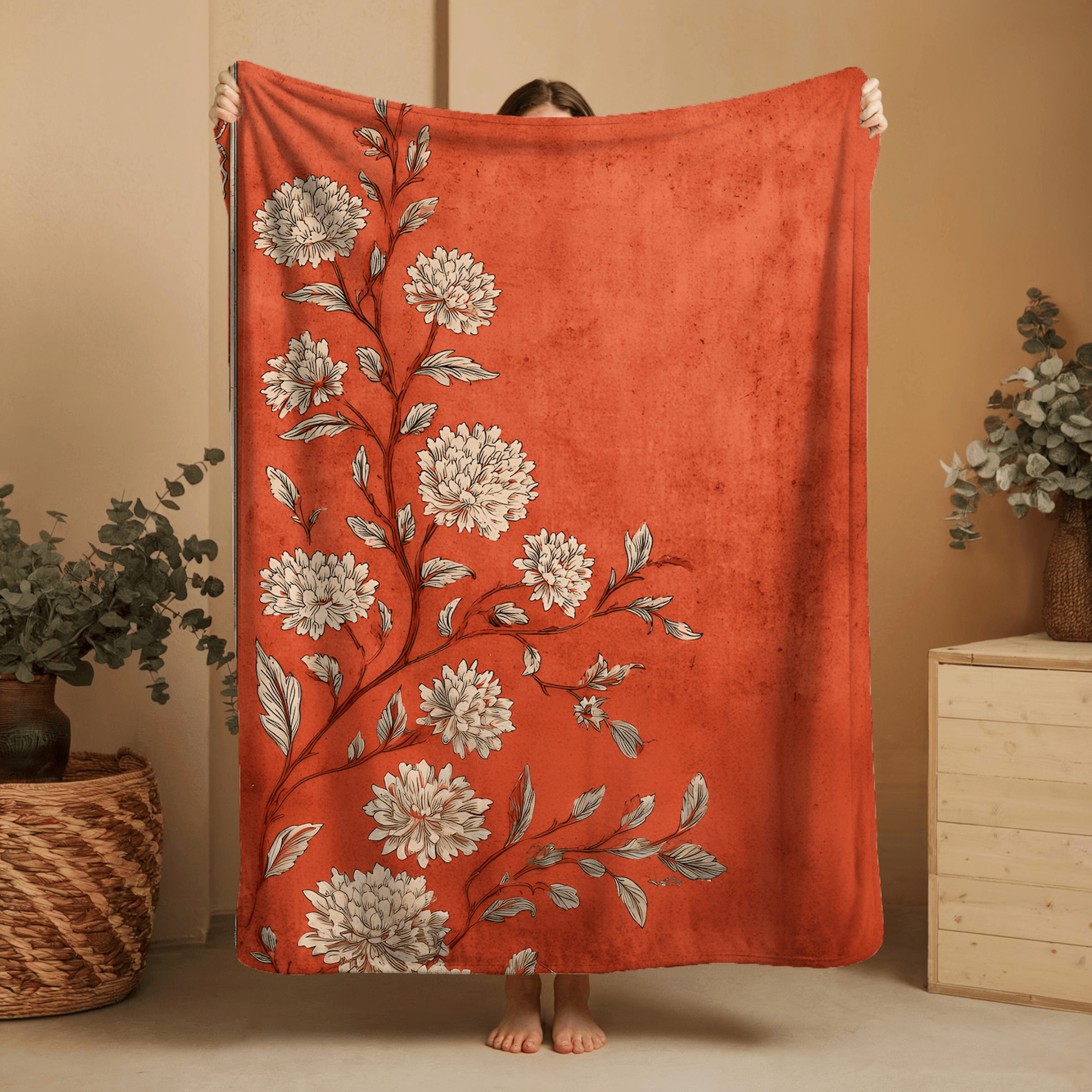 terracotta floral sherpa blanket – vintage boho botanical throw for cozy maximalist home decor