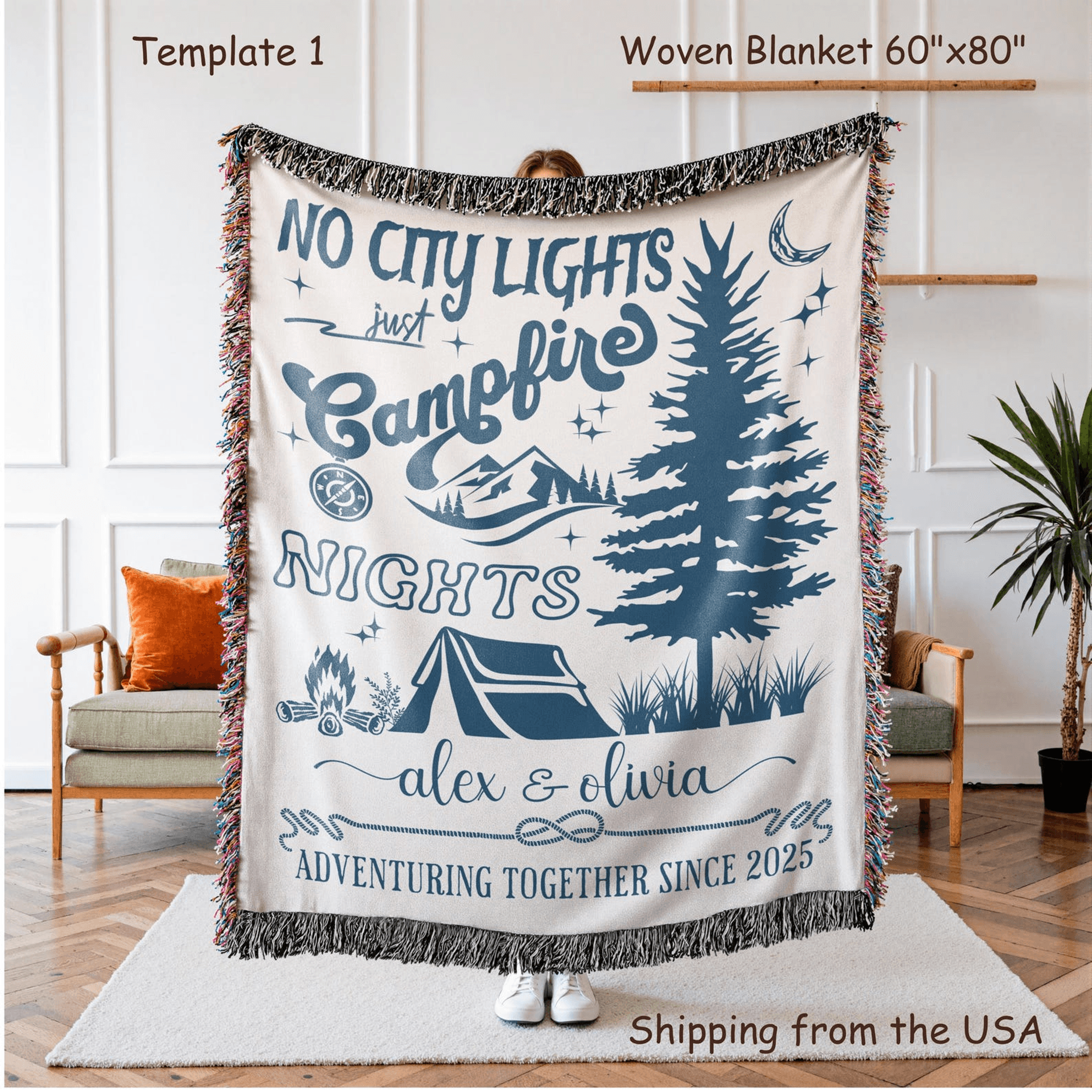personalized retro woven camping blanket – custom family name picnic throw for couples & outdoor adventures