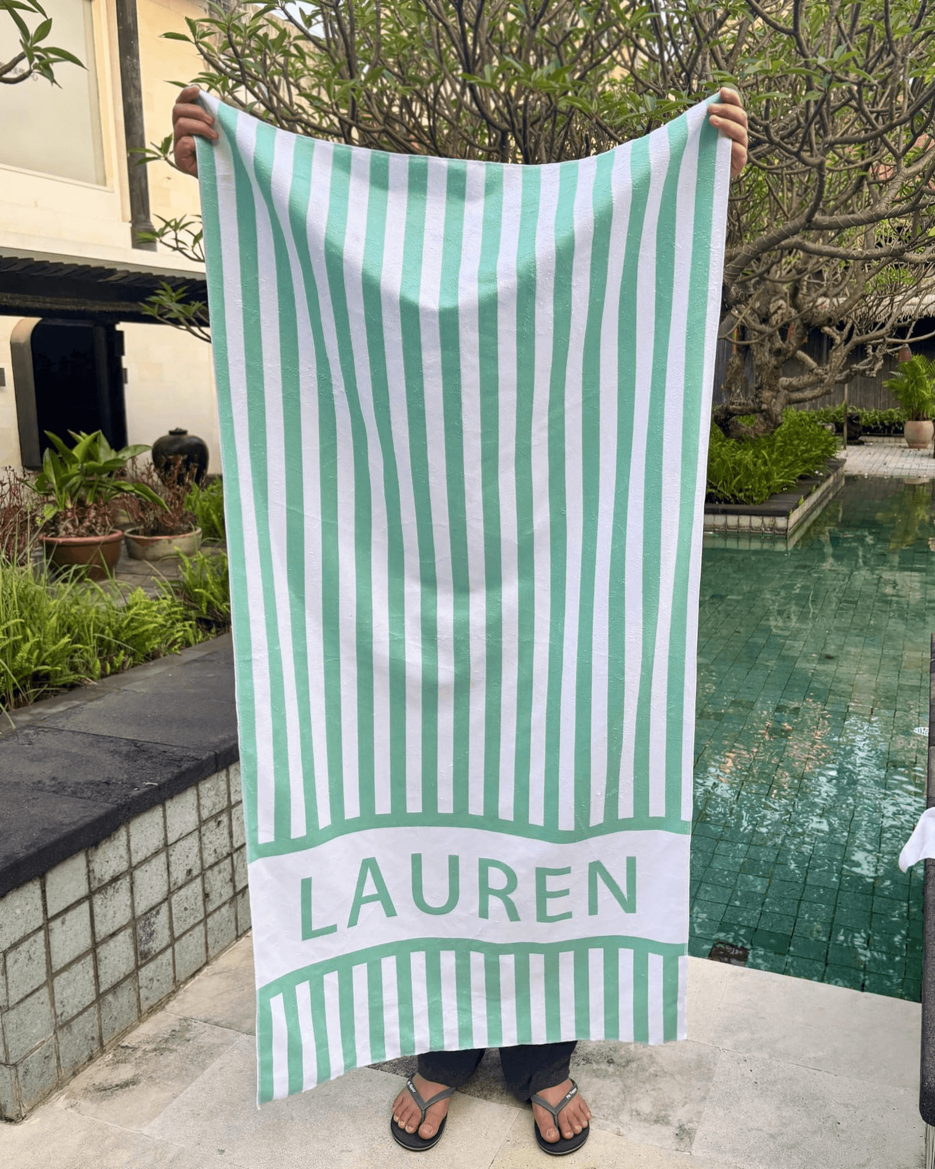 personalized preppy stripe beach towel with custom name for pool, beach & vacation fun