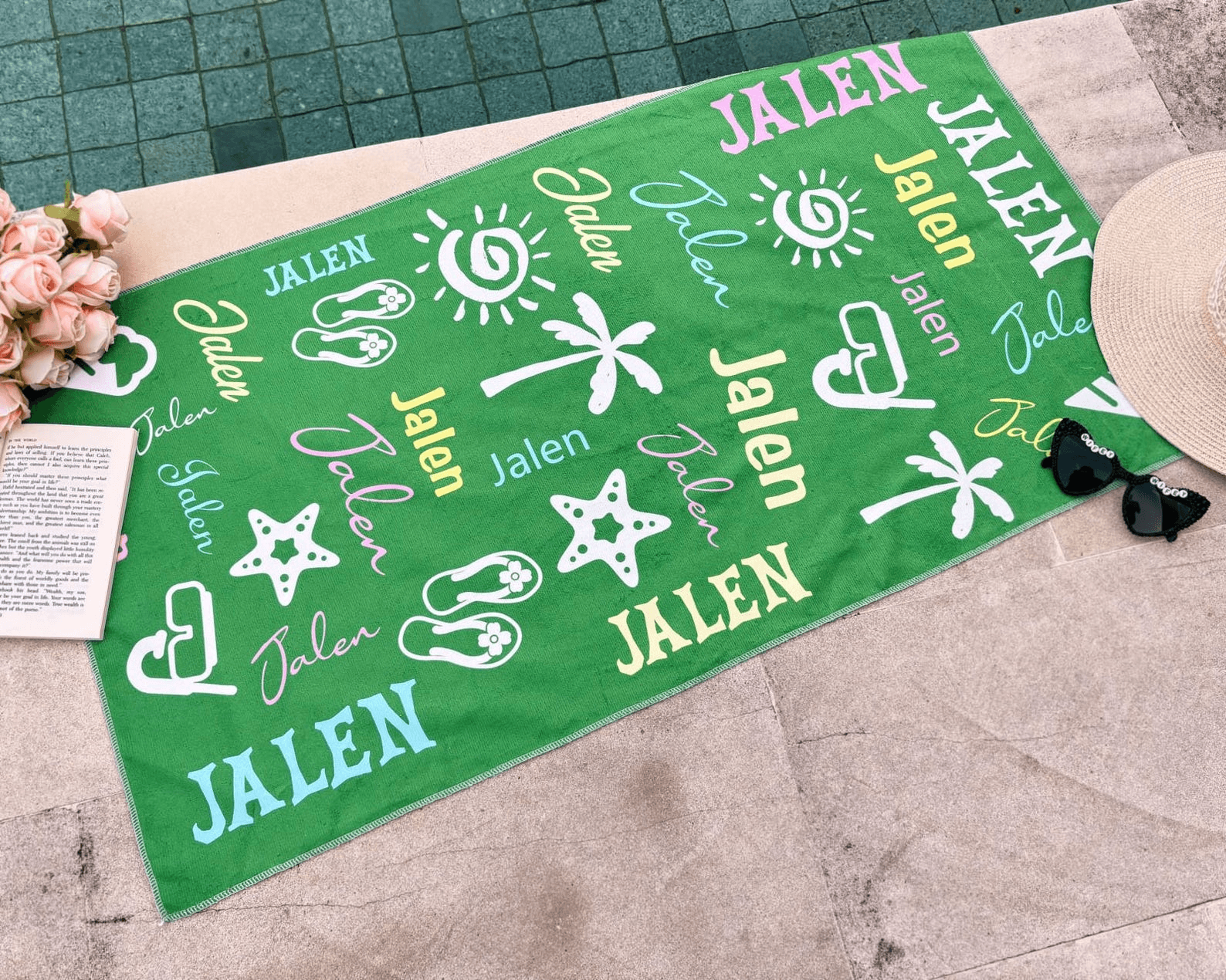 personalized stripe beach towel with name – preppy pool & bridal party towel for summer vacations