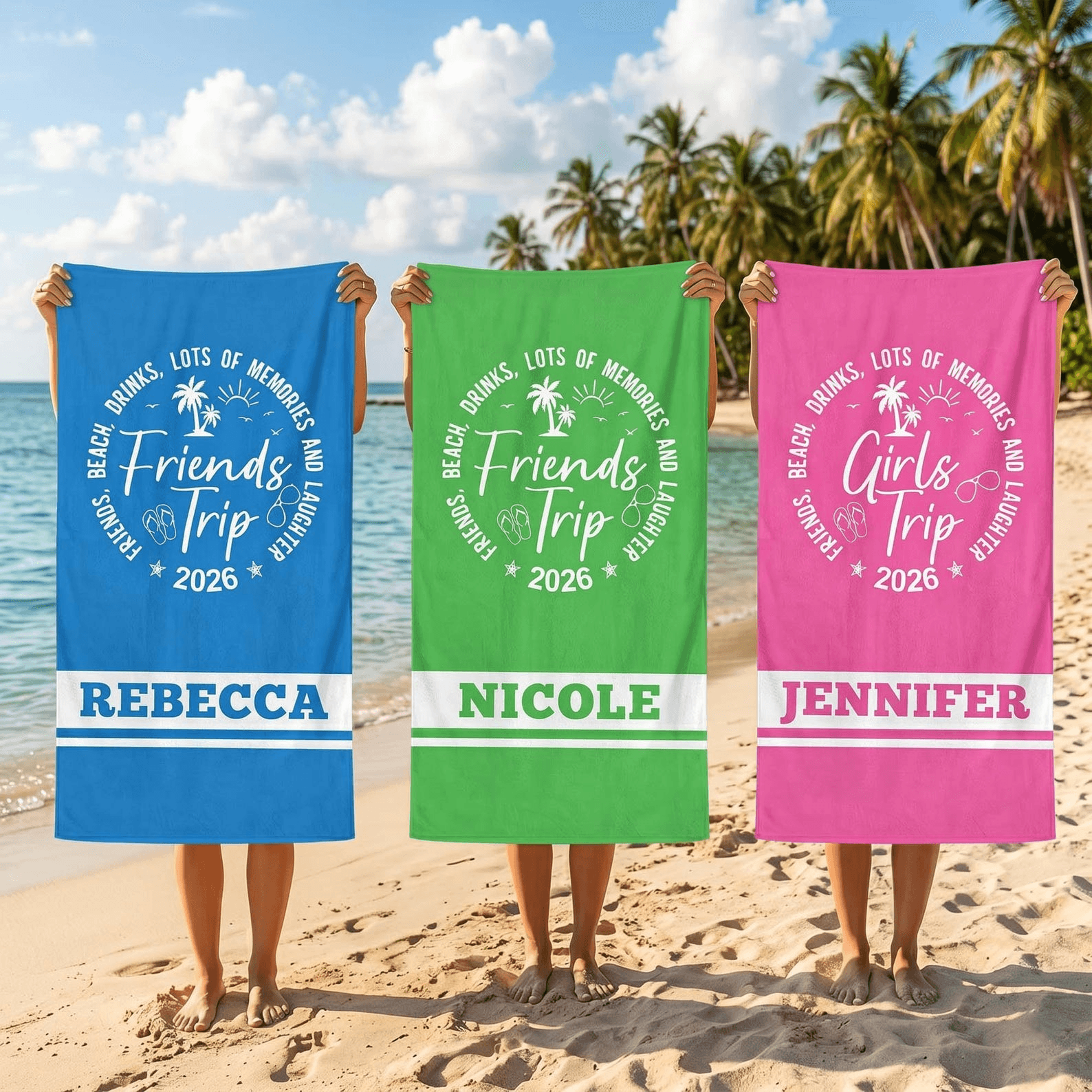 personalized group trip 2026 beach towel – custom girls vacation towel with colorful monogram