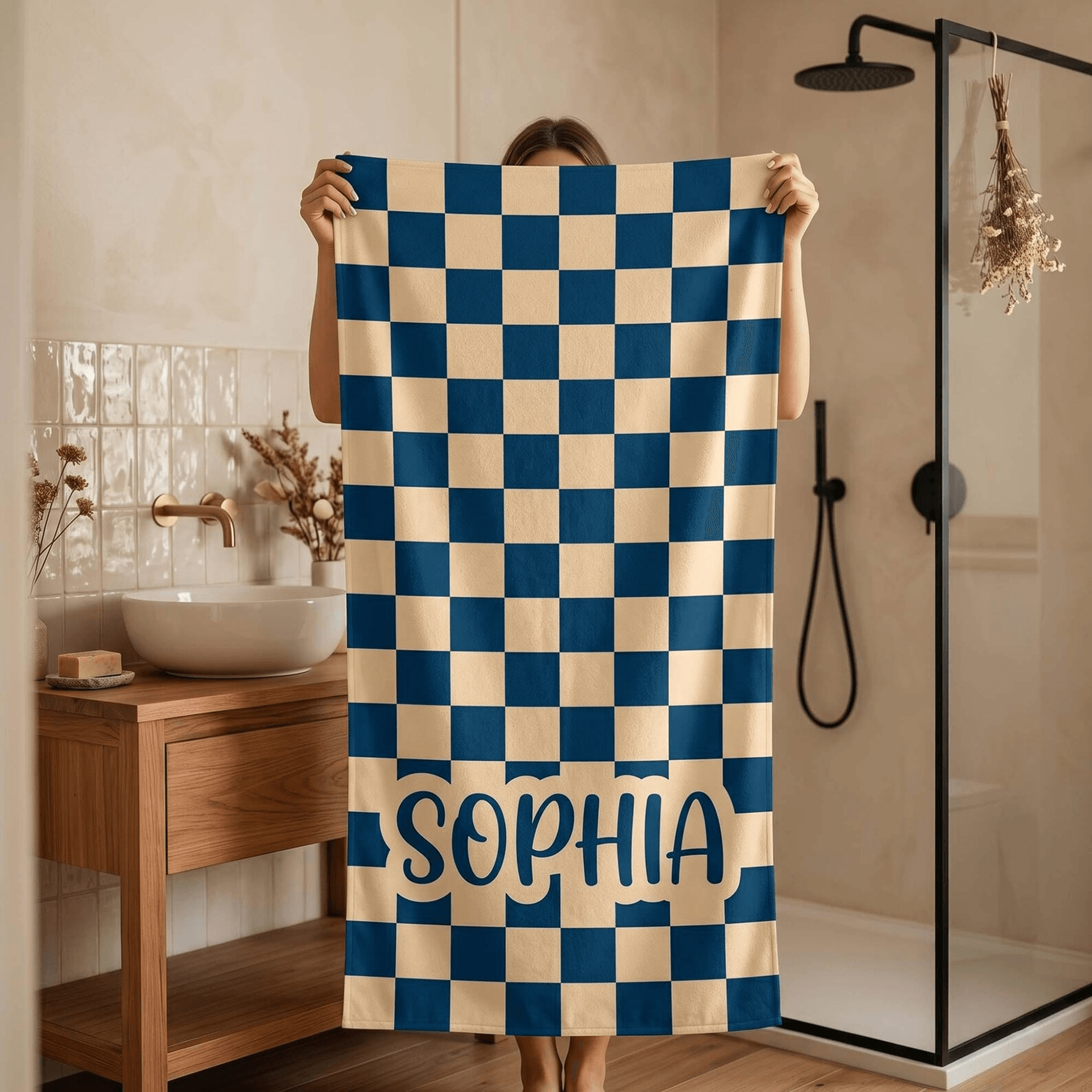 personalized checkerboard beach towel with name – preppy pool towel for bridal parties & summer vacations