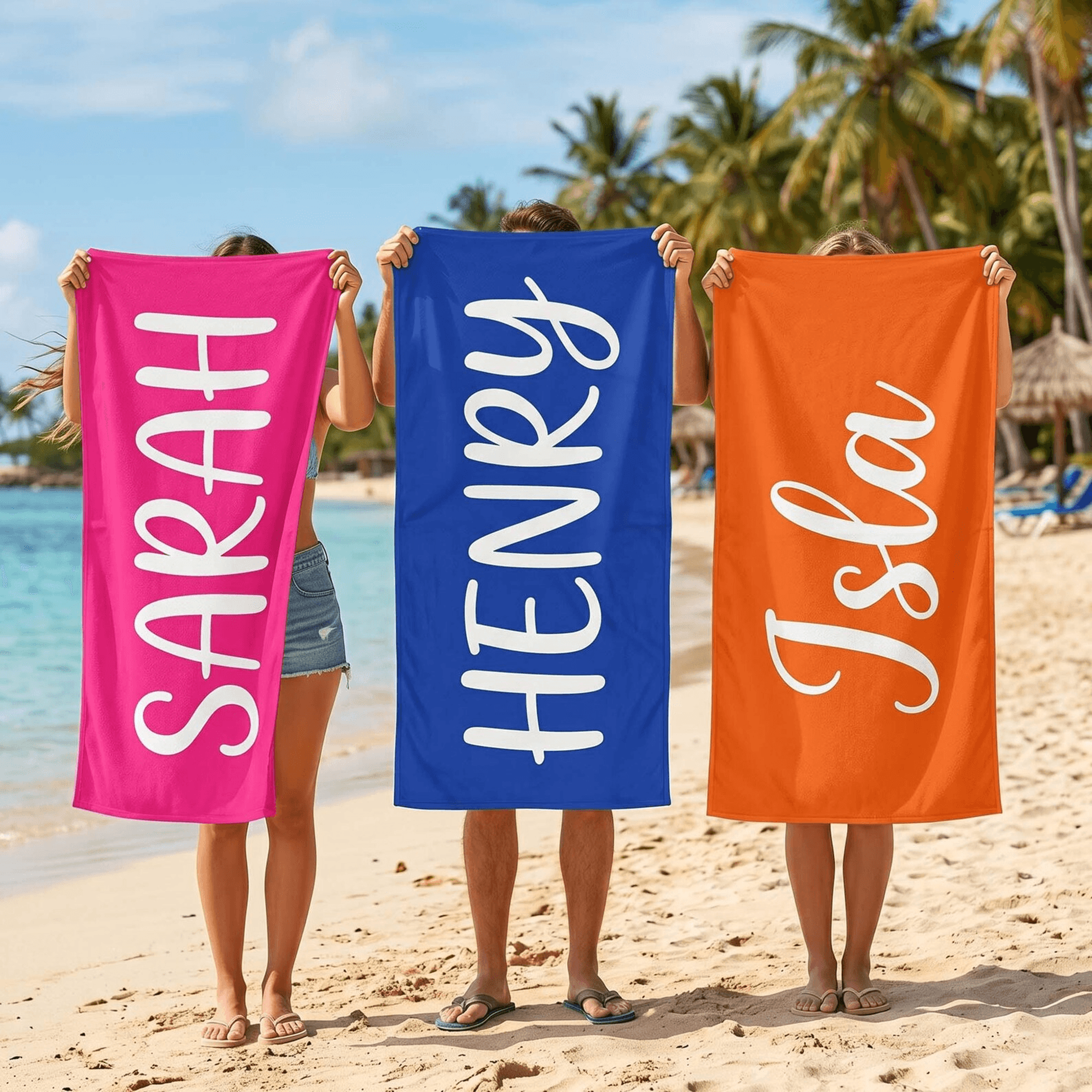 personalized bold name beach towel – custom durable pool & vacation towel for summer adventures