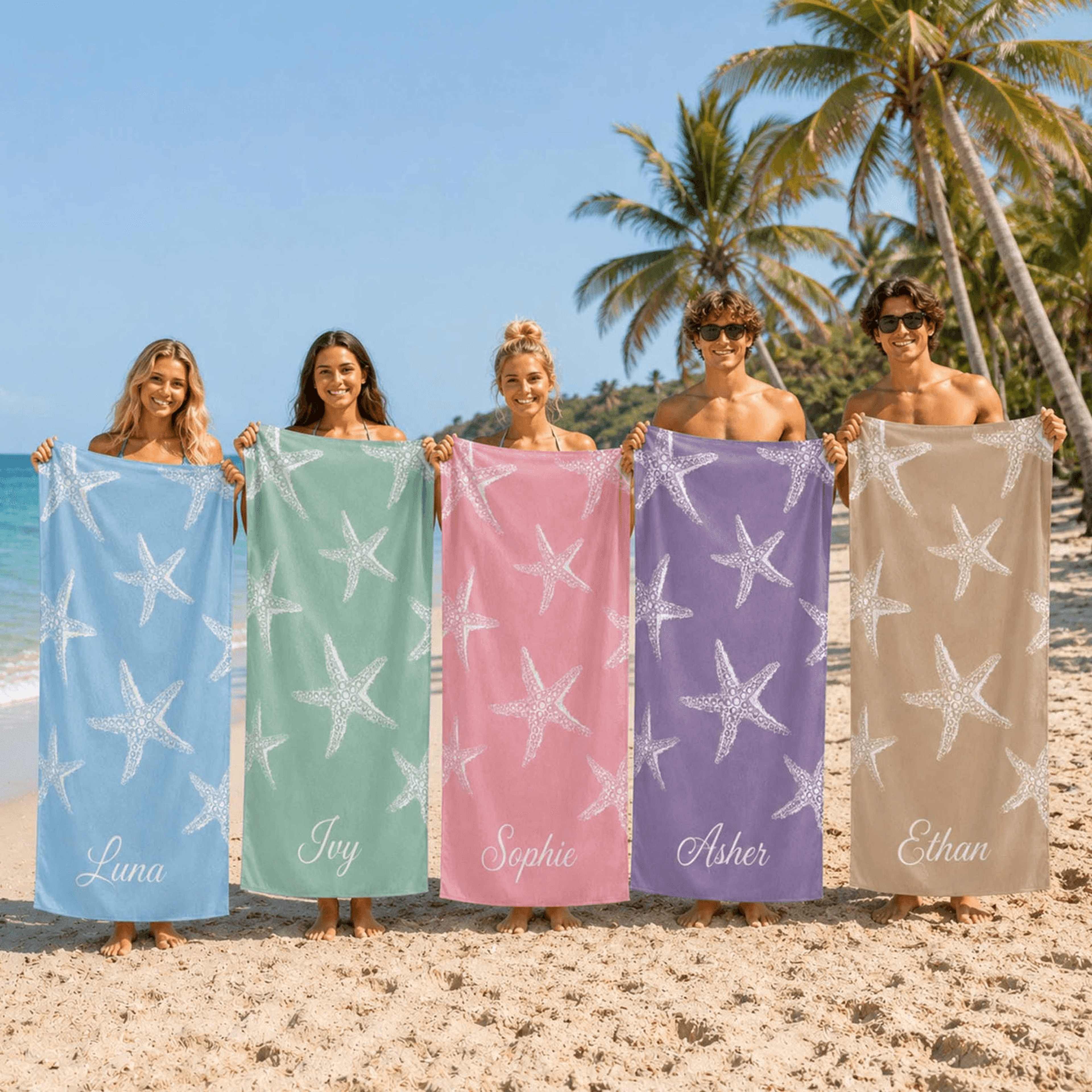 personalized starfish beach towel with name – custom family vacation & pool towel for summer adventures
