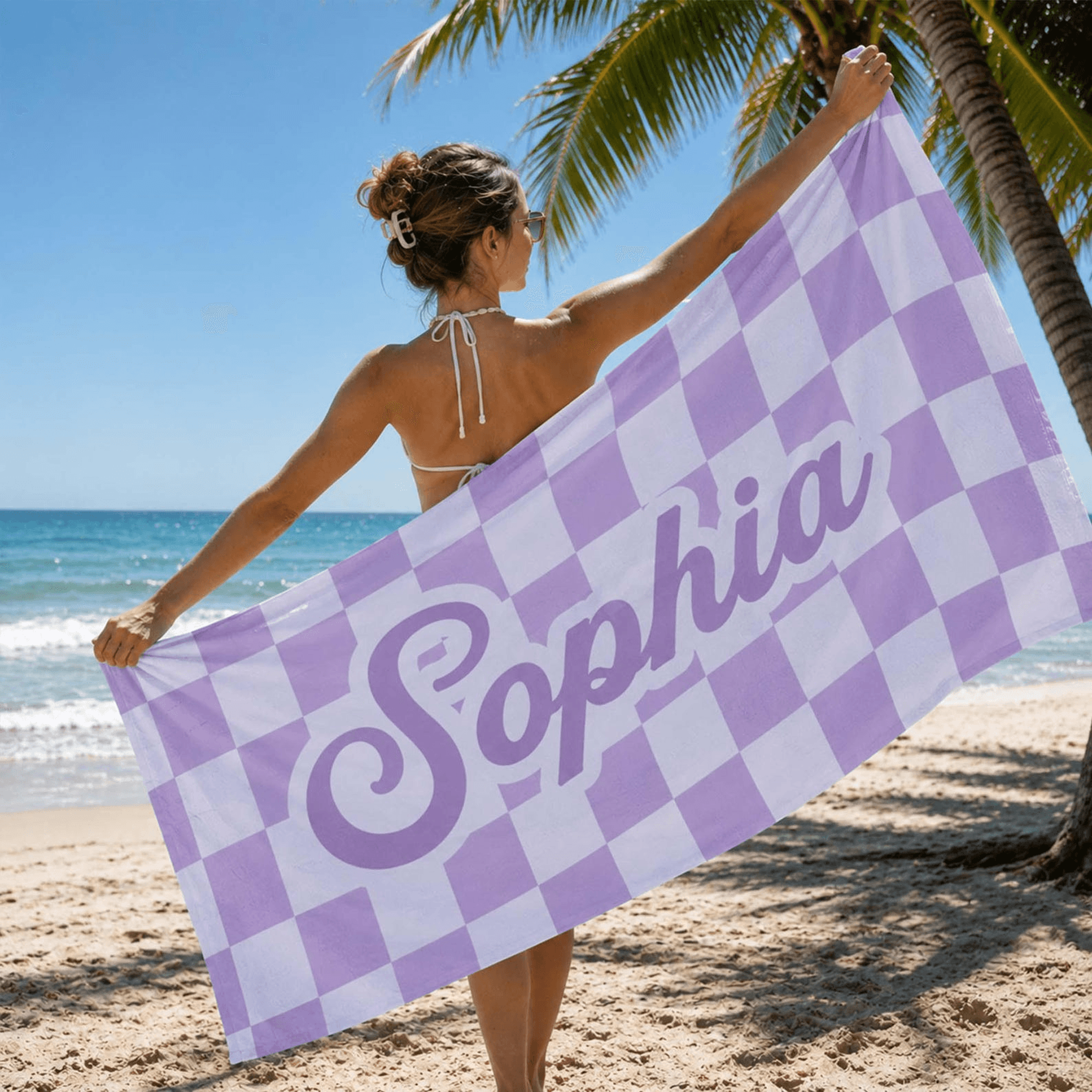 personalized checkerboard beach towel with name – custom preppy pool towel for vacations & bridal parties
