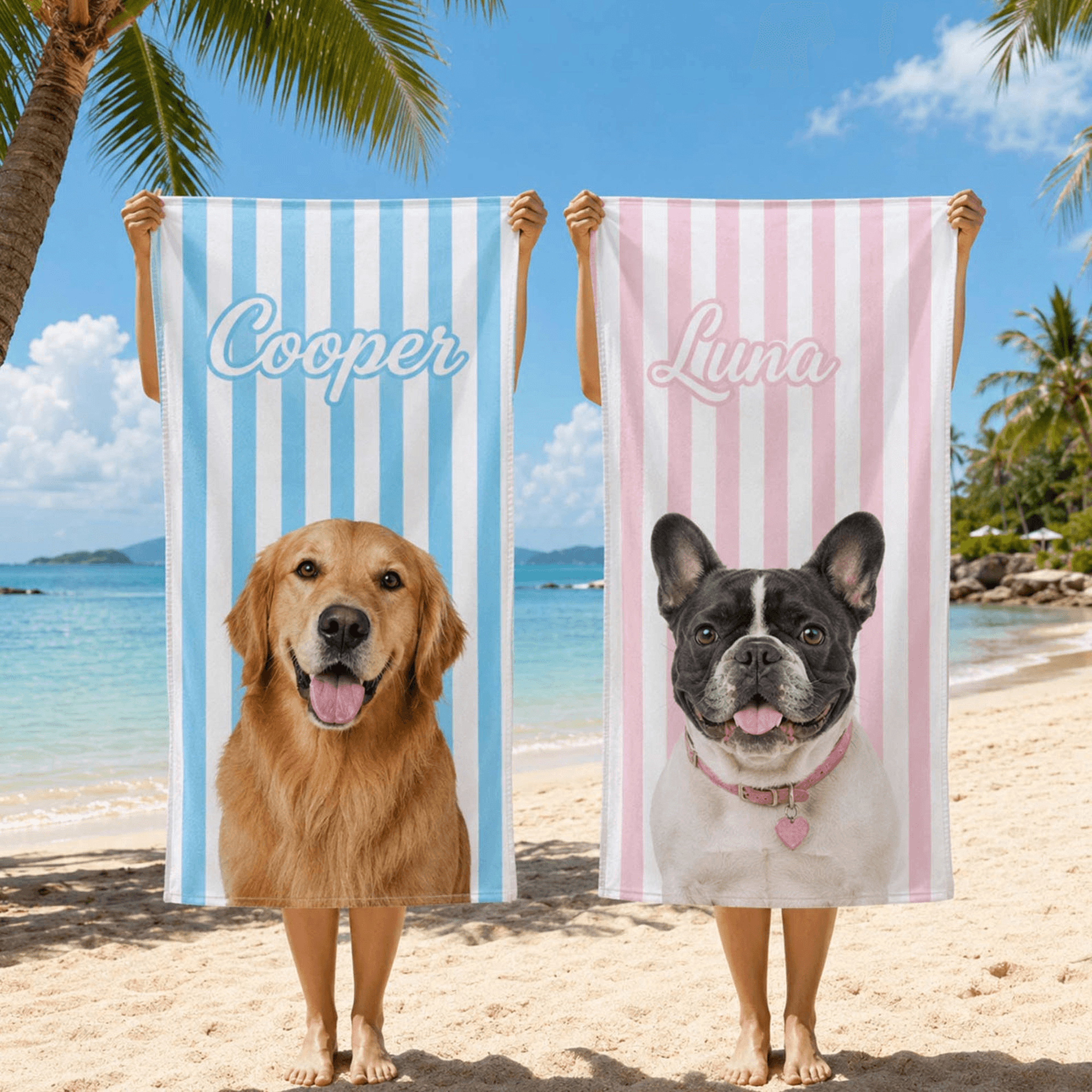 custom pet photo beach towel with name – personalized dog & cat lover pool towel gift