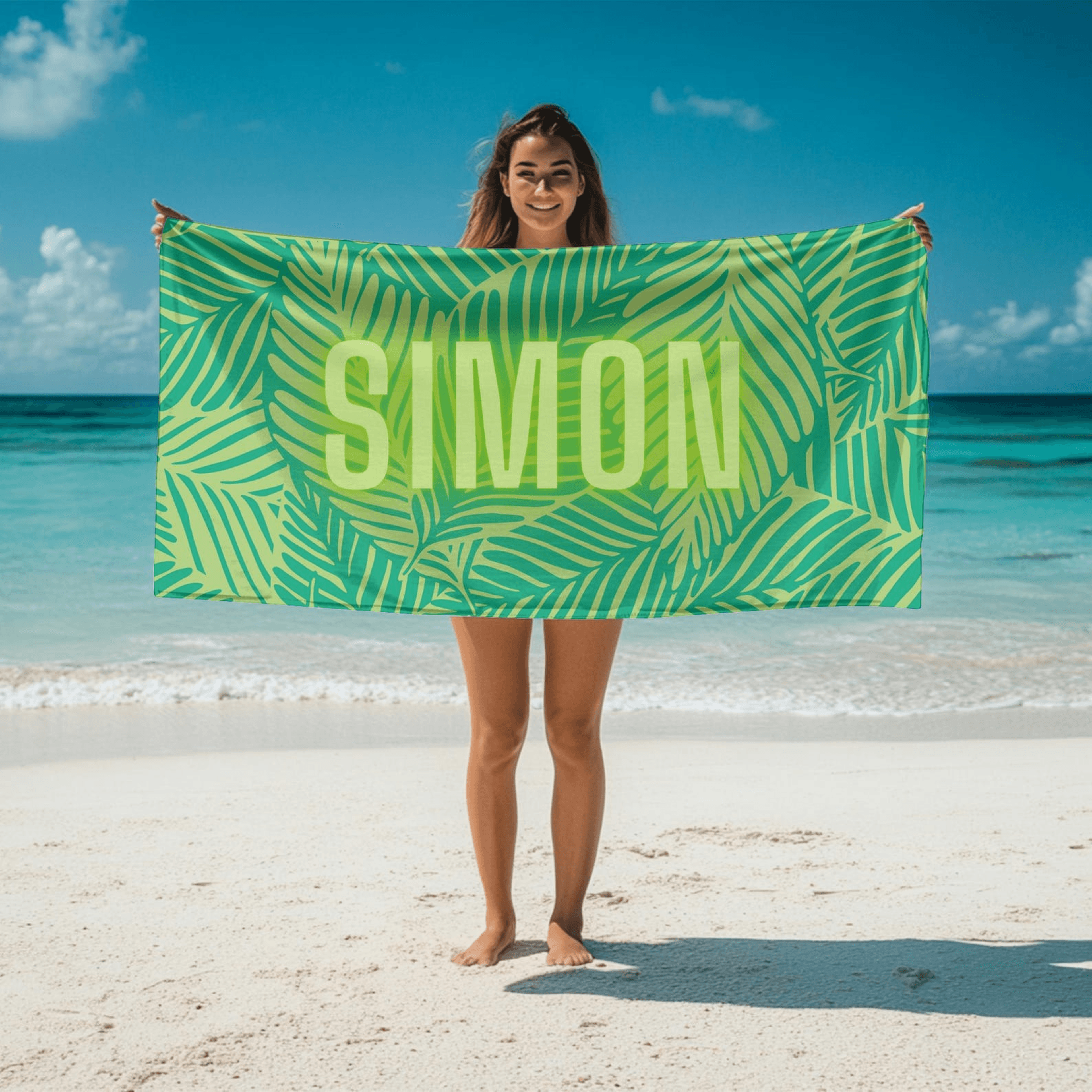 personalized name beach towel with neon botanical design – custom bath & beach gift for family and friends