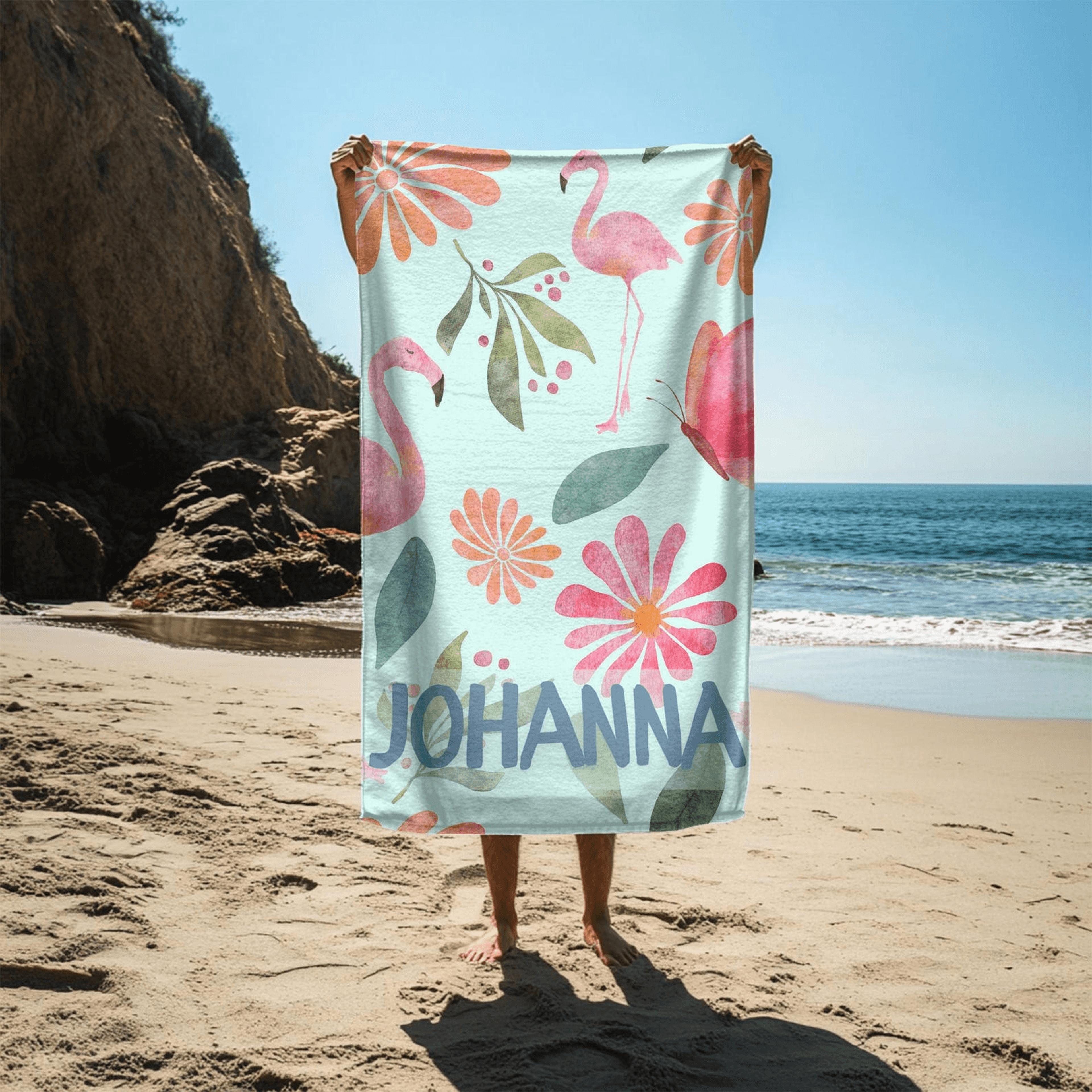 personalized flamingo beach towel with name – custom lounger towel for vacations, pool days & summer gifts