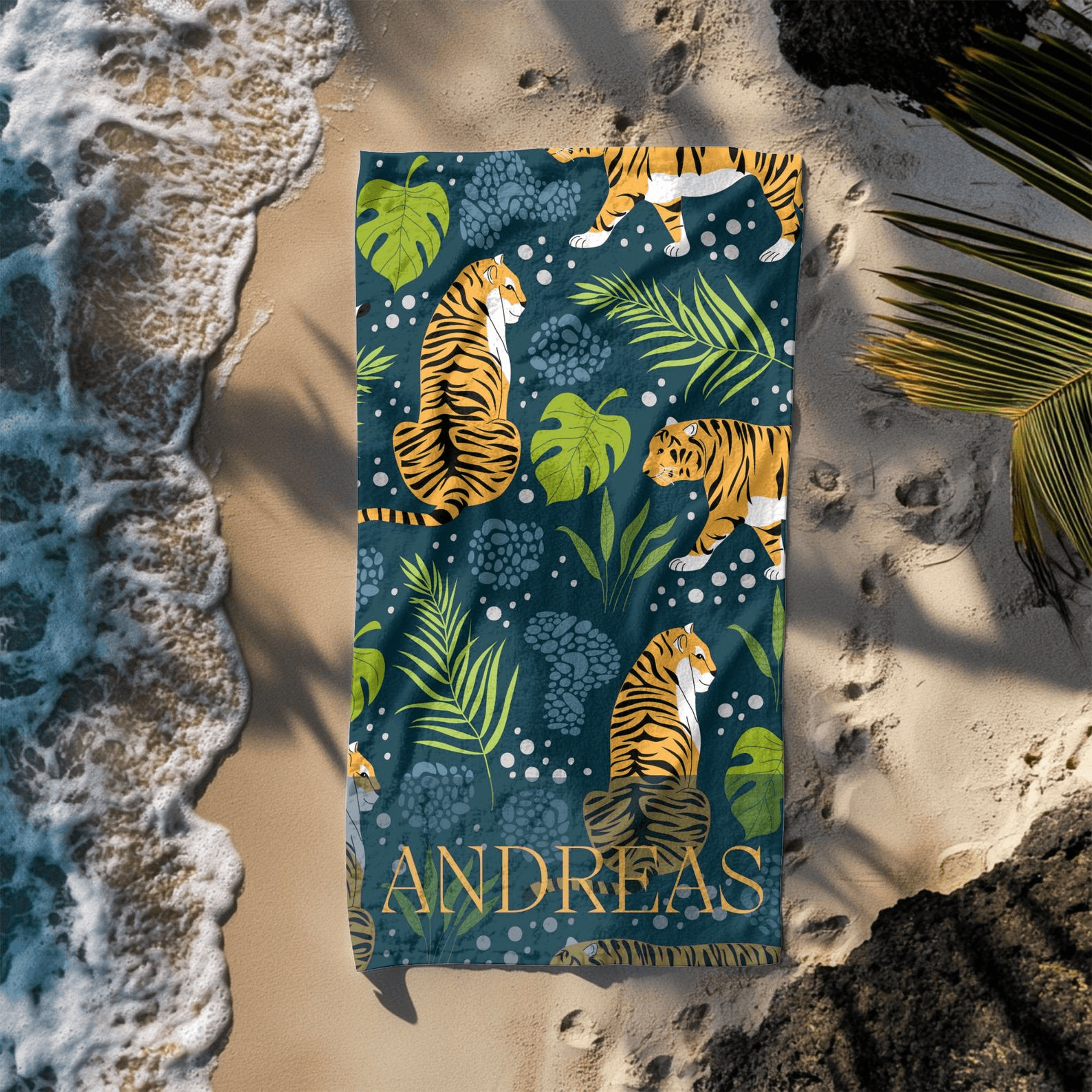 personalized tiger jungle beach towel with name – custom safari bath & beach towel for summer adventures