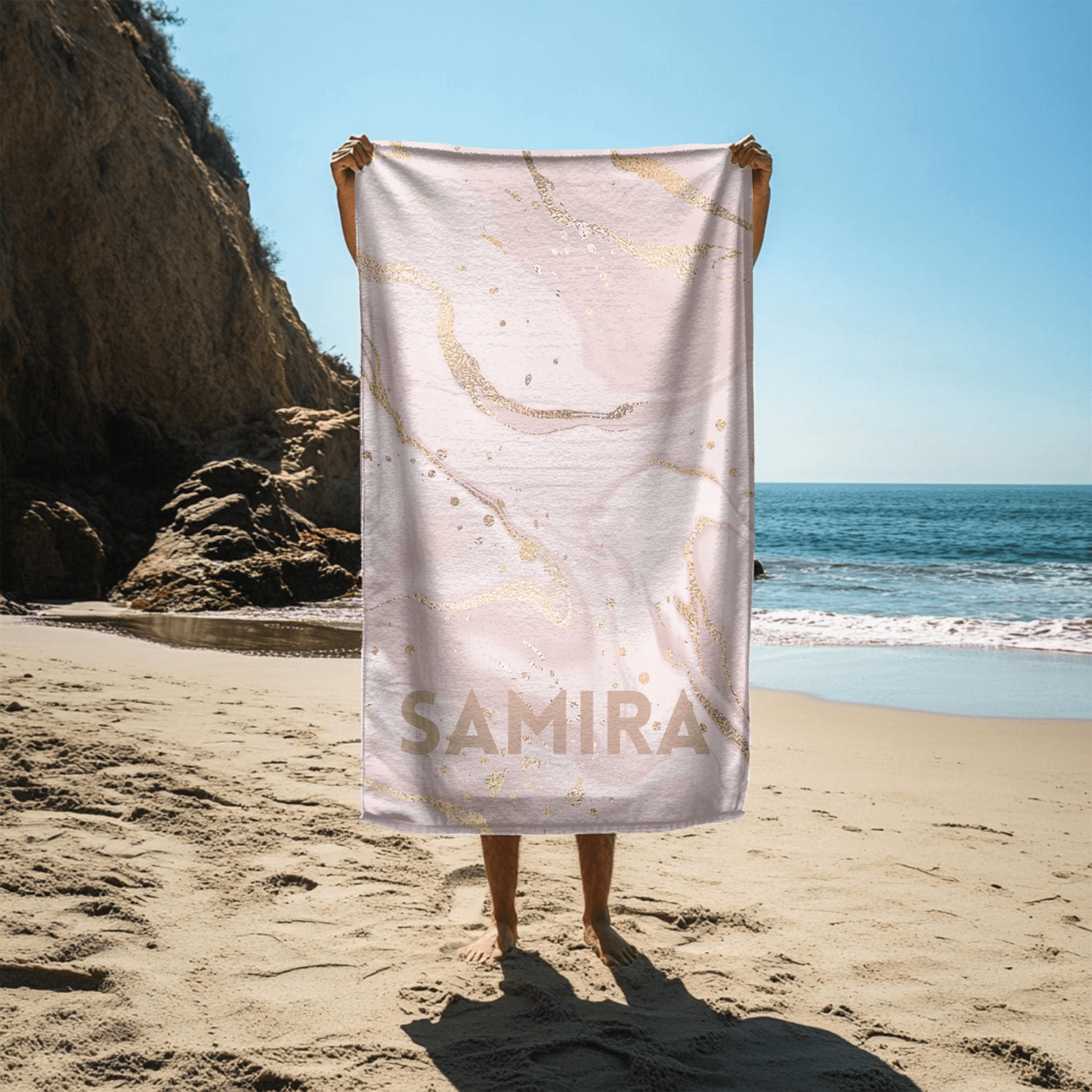 personalized pink marble beach towel with name – custom pool & vacation towel gift for women