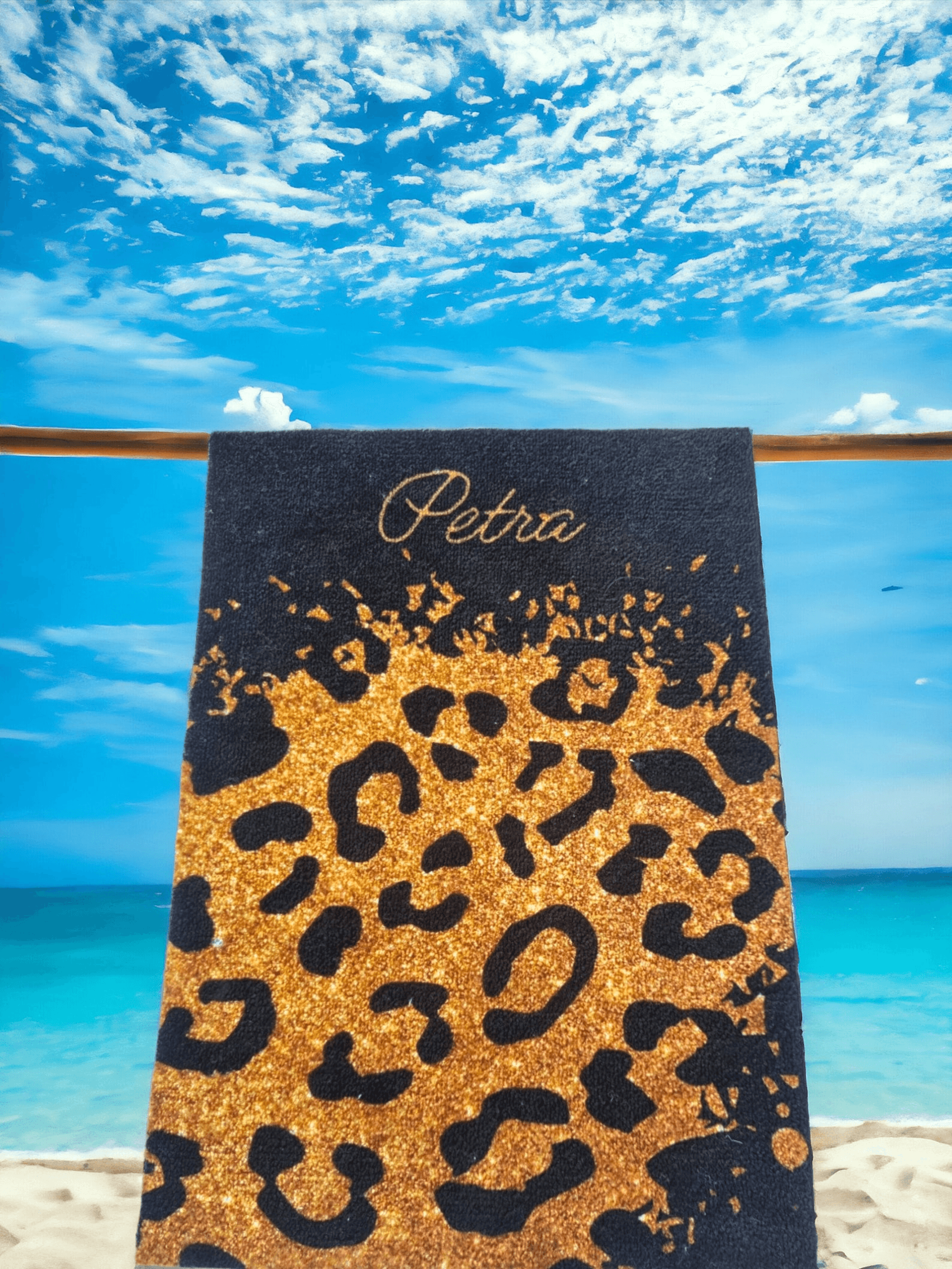 personalized gold leopard beach towel with name – luxury animal print pool towel for vacations & summer gifts