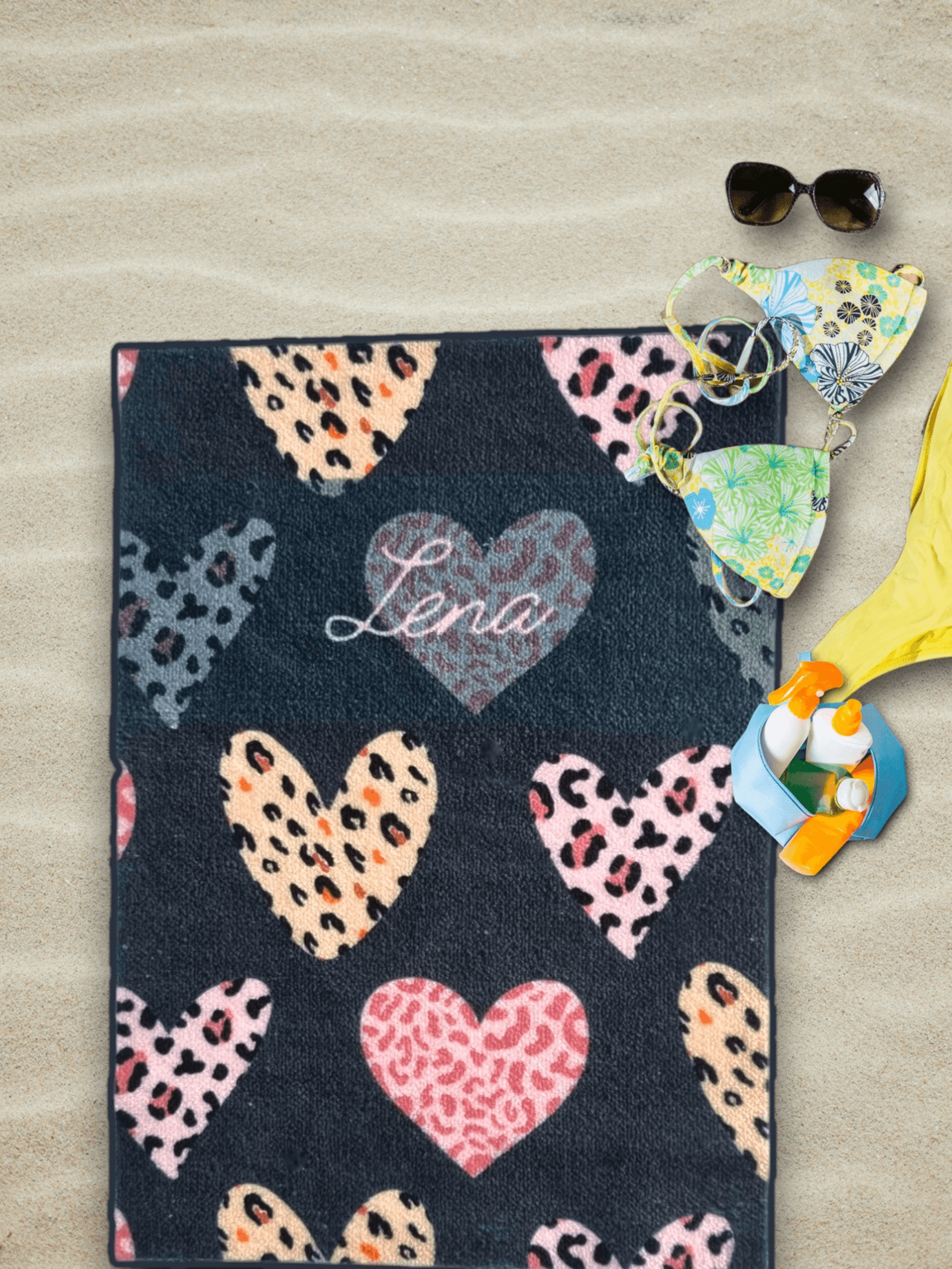 personalized leopard hearts beach towel with name – custom animal print pool towel for summer vacations