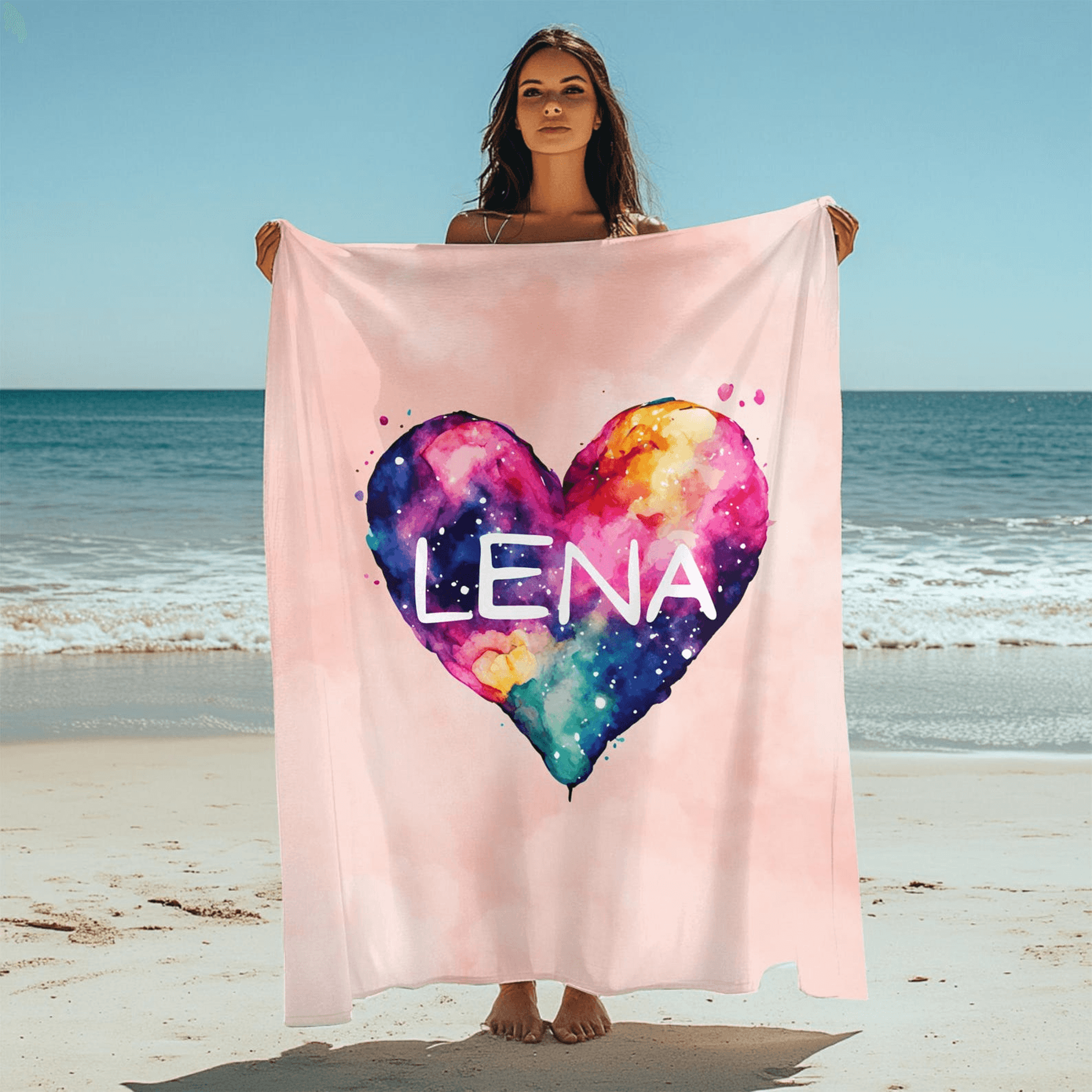personalized colorful heart beach towel with name – custom summer pool towel for vacations & birthday gifts