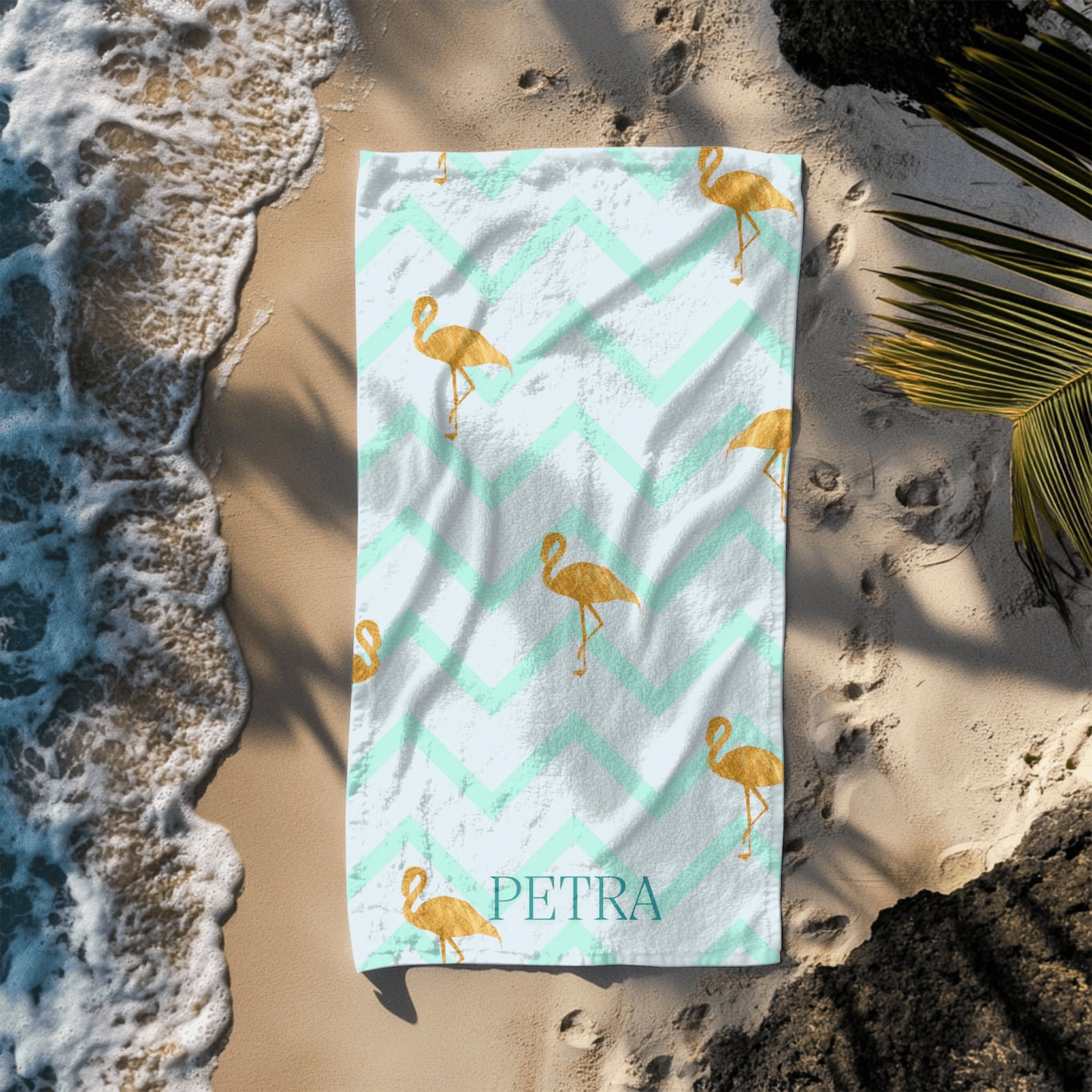 personalized blue flamingo beach towel with name – custom tropical pool towel for vacations & summer gifts