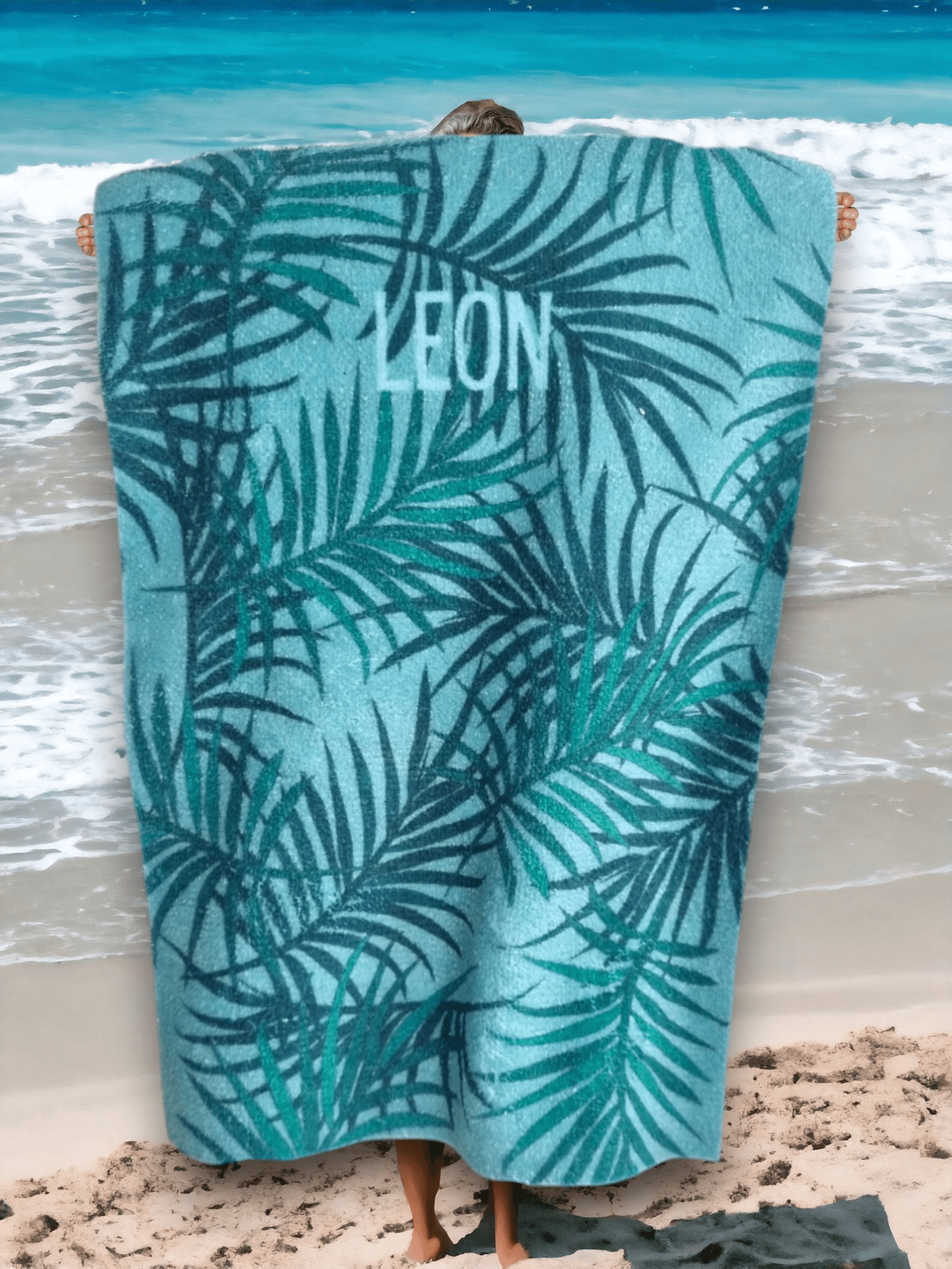 personalized palm leaves beach towel with name – custom tropical pool towel for vacations & summer escapes